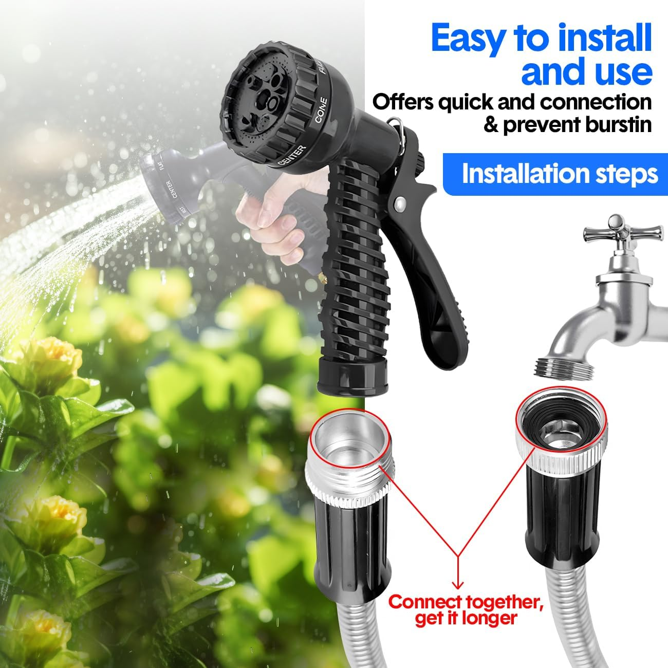 100FT（30M） Stainless Steel Garden Hose - Heavy Duty No-Kink Metal Water Hose with 7-Function Nozzle, Lightweight & Flexible for Yard/Lawn/Rv, Corrosion-Resistant Outdoor Hose image number 4