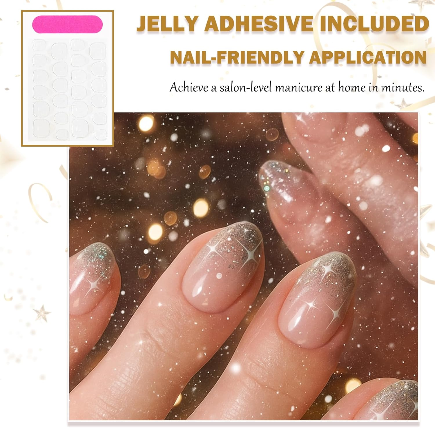 24PCS Nude Pink Glitter French Press on Nails &ndash; Short Oval Silver Star Tip Fake Nails, Reusable Full Cover Glossy Stick-On with Jelly Adhesive for Everyday Wear & Holiday Look image number 3