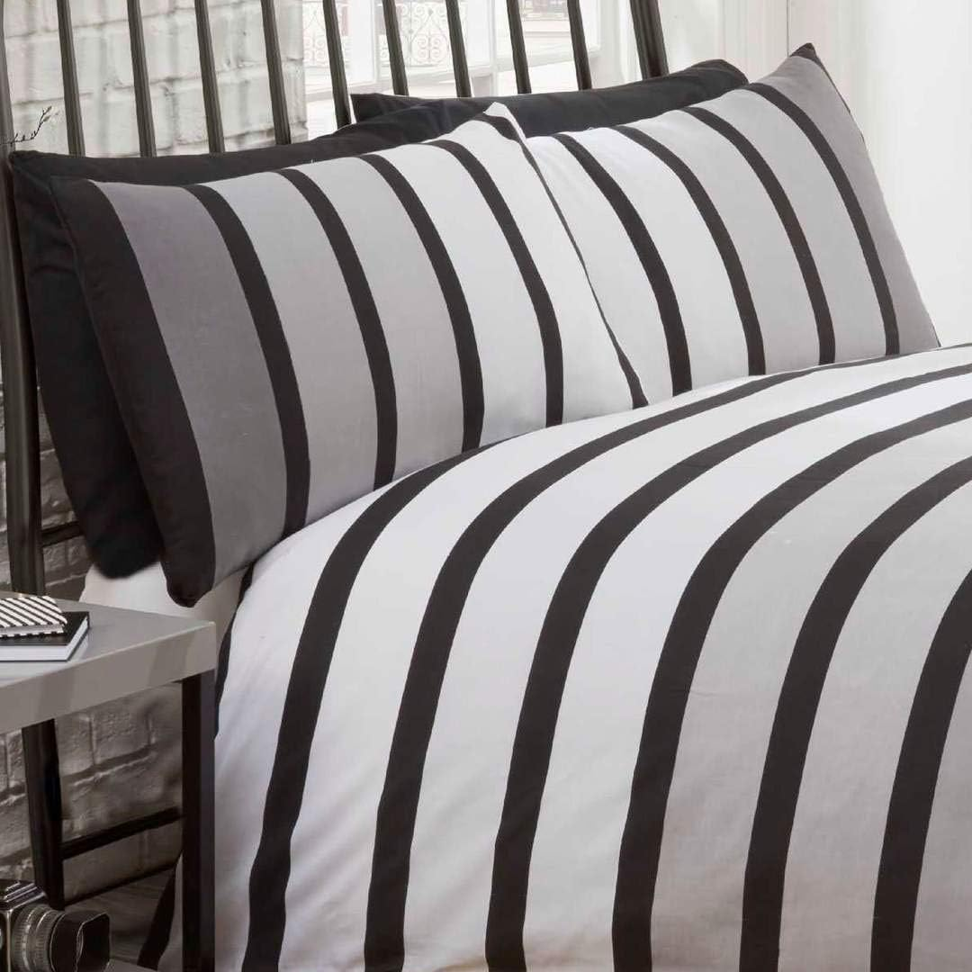 Rapport Soho Black Stripe Duvet Cover Quilt Bedding Set, Black White Grey, Double Size By image number 1
