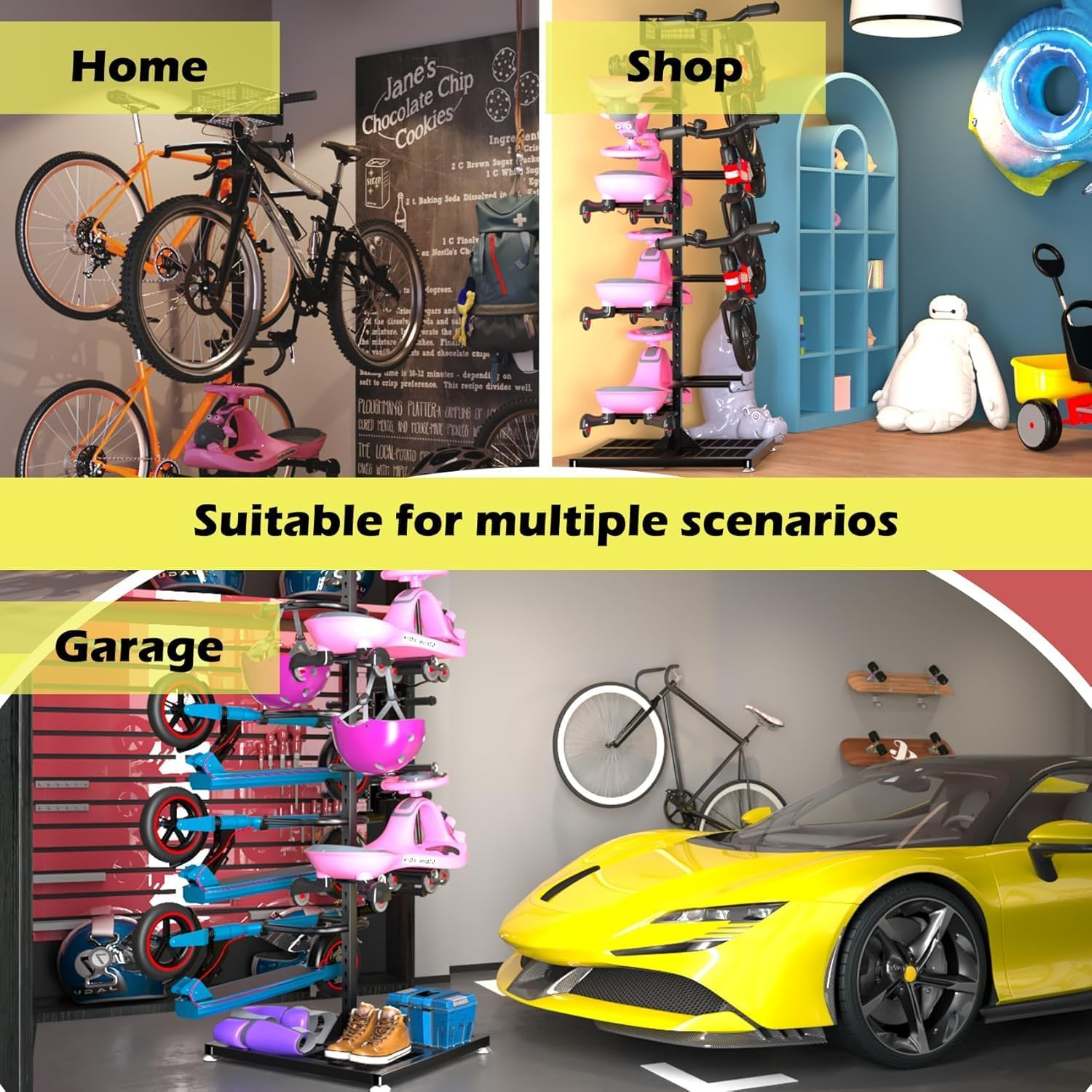 Lhysn Bike Stand for 4 Bicycles Large Floor Bike Rack Garage for Outdoor Bike Hanger Vertical Bike Stand for 8 Scooters/Wiggle Car/Storage Holder image number 5