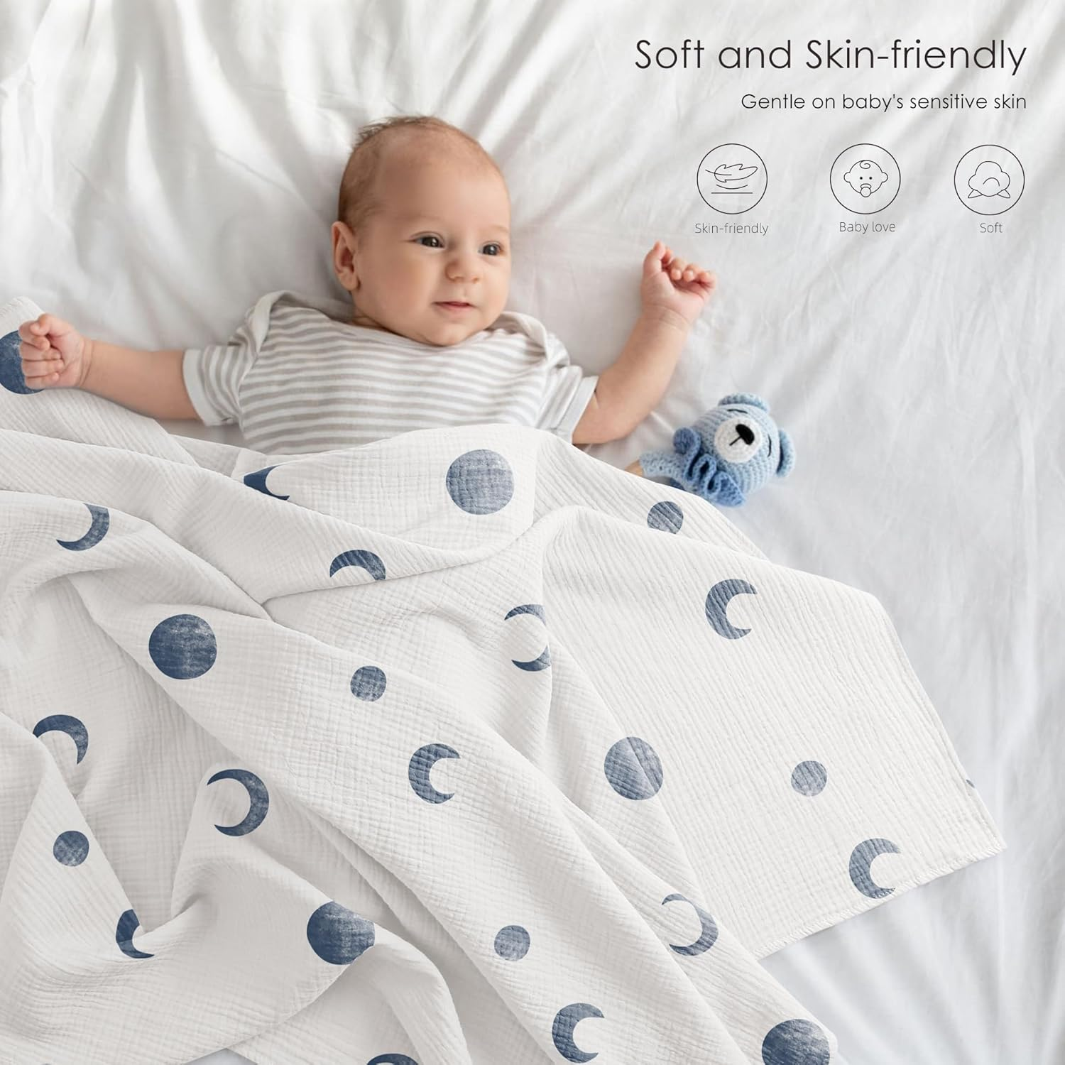 Bearmoss Muslin Swaddle Blankets 3 Pack Cotton Newborn Receiving Blanket, Large 38 X 40 Inches, Soft Breathable Baby Swaddles for Boys & Girls (Blue Moon) - Cute Clouds image number 5