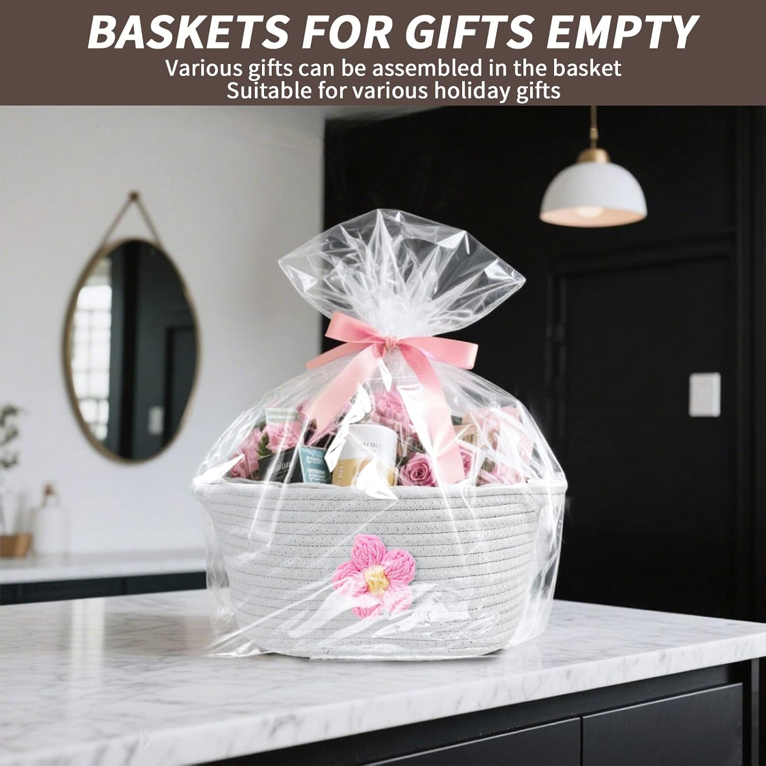 Esme L&H Small Woven Basket for Gifts Empty with Bag and Ribbon, Cute Yarn Flower Design Empty Baskets for Gift, Small Cotton Rope Organizer Bin for Various Storage Usage, 12"X9"X6"