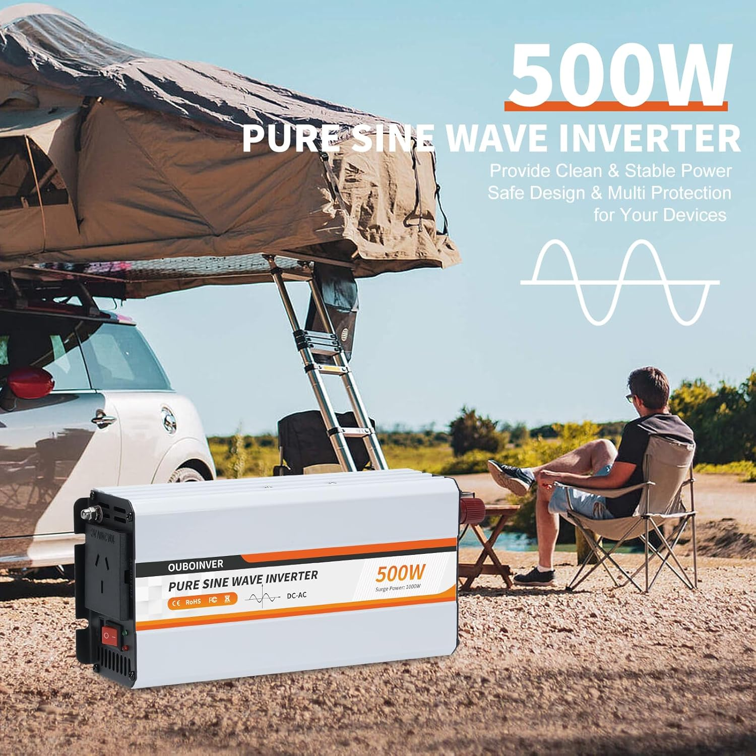 500W Power Inverter, DC 12V to 240V AC Converter for Vehicles Car, Pure Sine Wave Adapter with AC Outlets USB Port Car Charger for Laptop Smartphone Small Power Tool image number 1