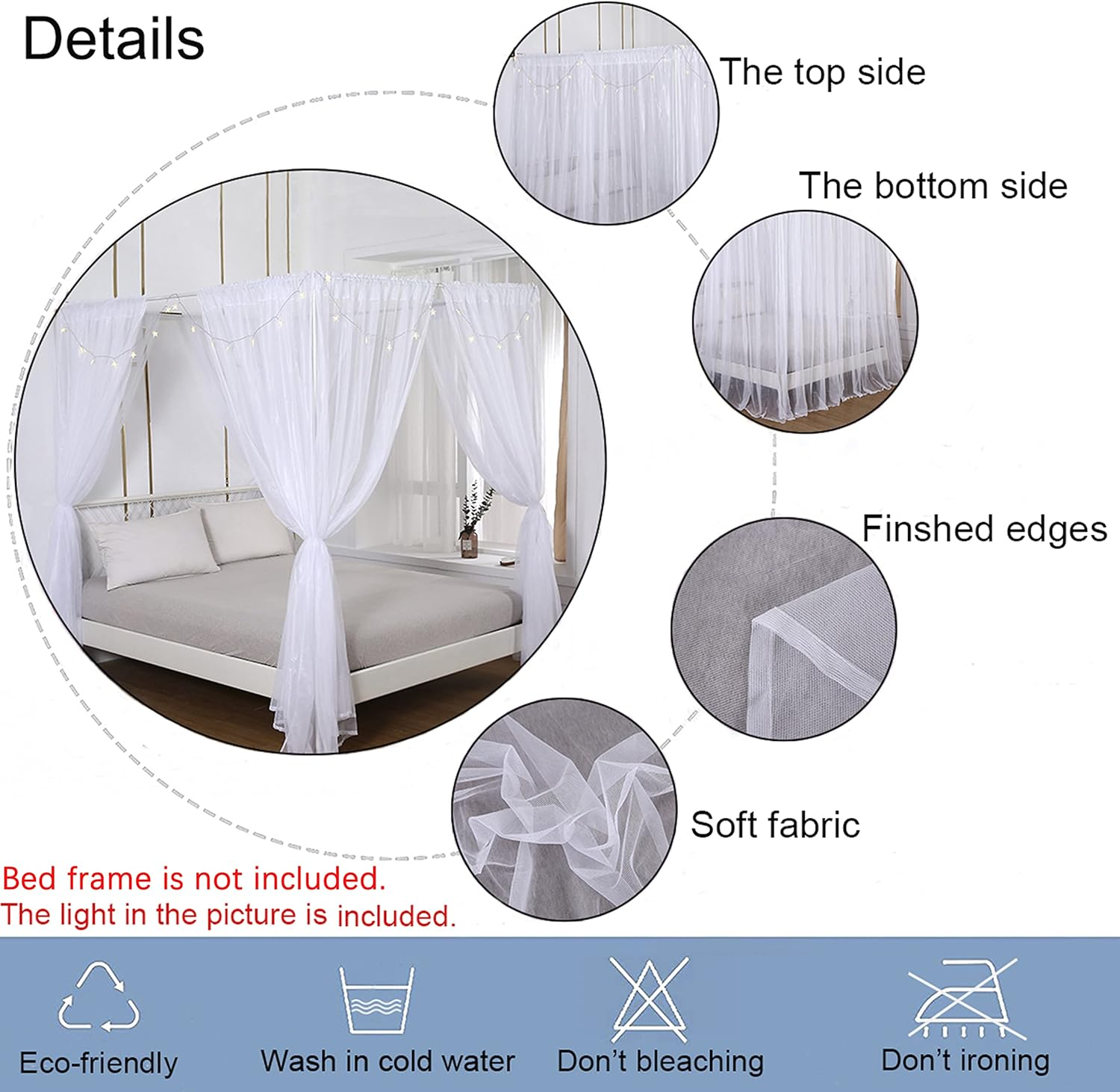 Akiky Princess Canopy Bed Curtains Set Sheer Curtain for Twin Full Queen Size Bed Drapes,8 Panels Canopies with Light,Room D&eacute;cor(Twin, White) image number 7