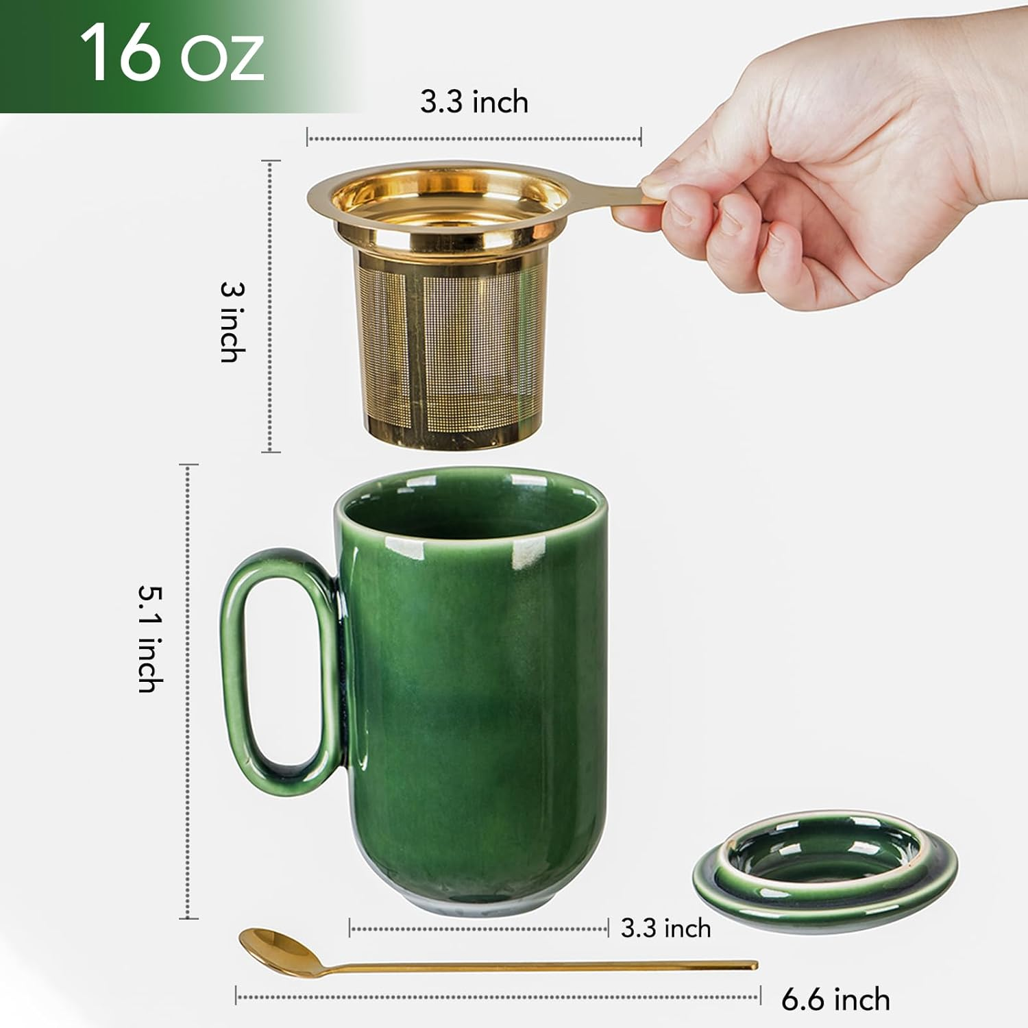 Vicrays Ceramic Tea Cup Mug Infuser Large 16 Oz Hot Loose Steeping Handle Teacup with Leaf Infuser Spoon Lid - Blue Tall Glazed Strainer Coffee Mug Microwave Safe - Green image number 6