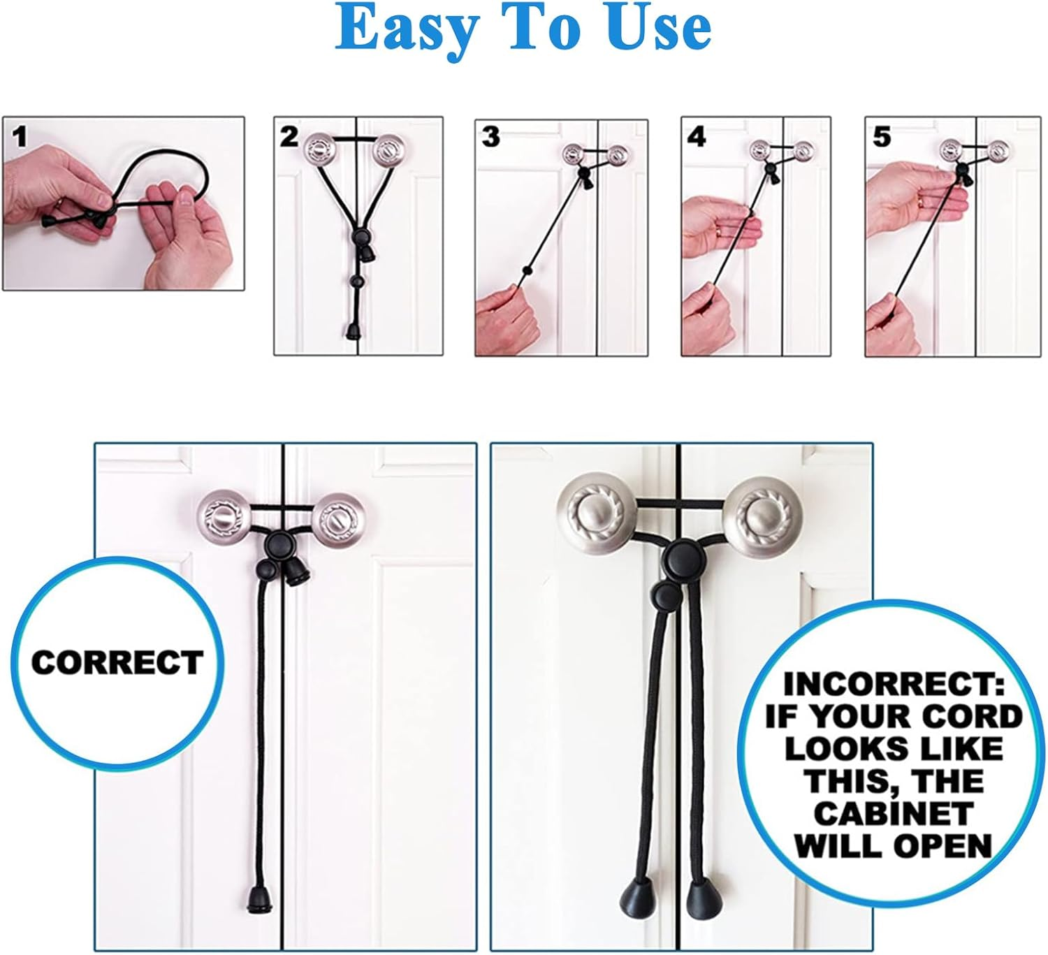 Baby Safety Cabinet Locks for Knobs - Upgraded Child Safety Cabinet Latches for Home Safety Strap for Baby Proofing Cabinets Kitchen Door RV No Drill No Screw No Adhesive 5 Pack White image number 2