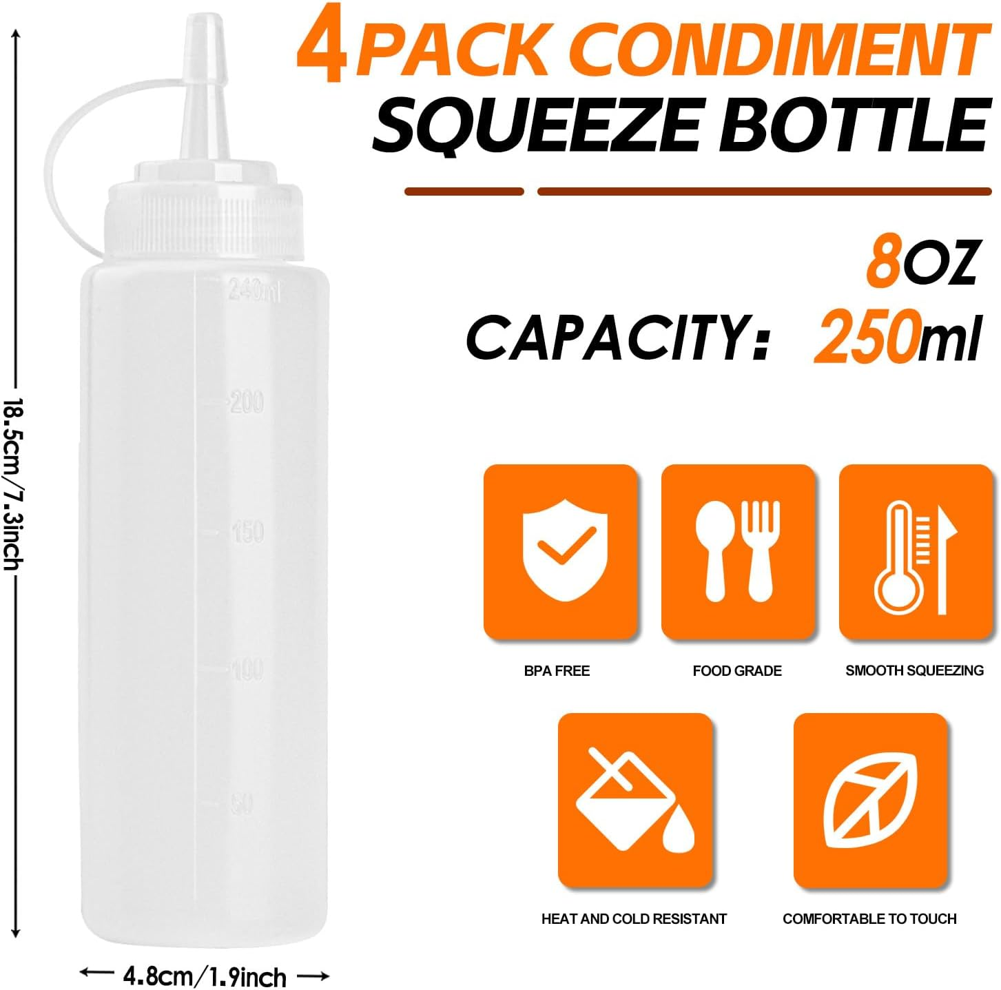 4 Pcs 8 Oz Condiment Squeeze Bottles for Sauce, Plastic Squeeze Bottles, Squirt Bottle Oil Container Dispenser for Ketchup, Sauce, BBQ, Grilling, Salad Dressing, Honey,Paint and Craft image number 4