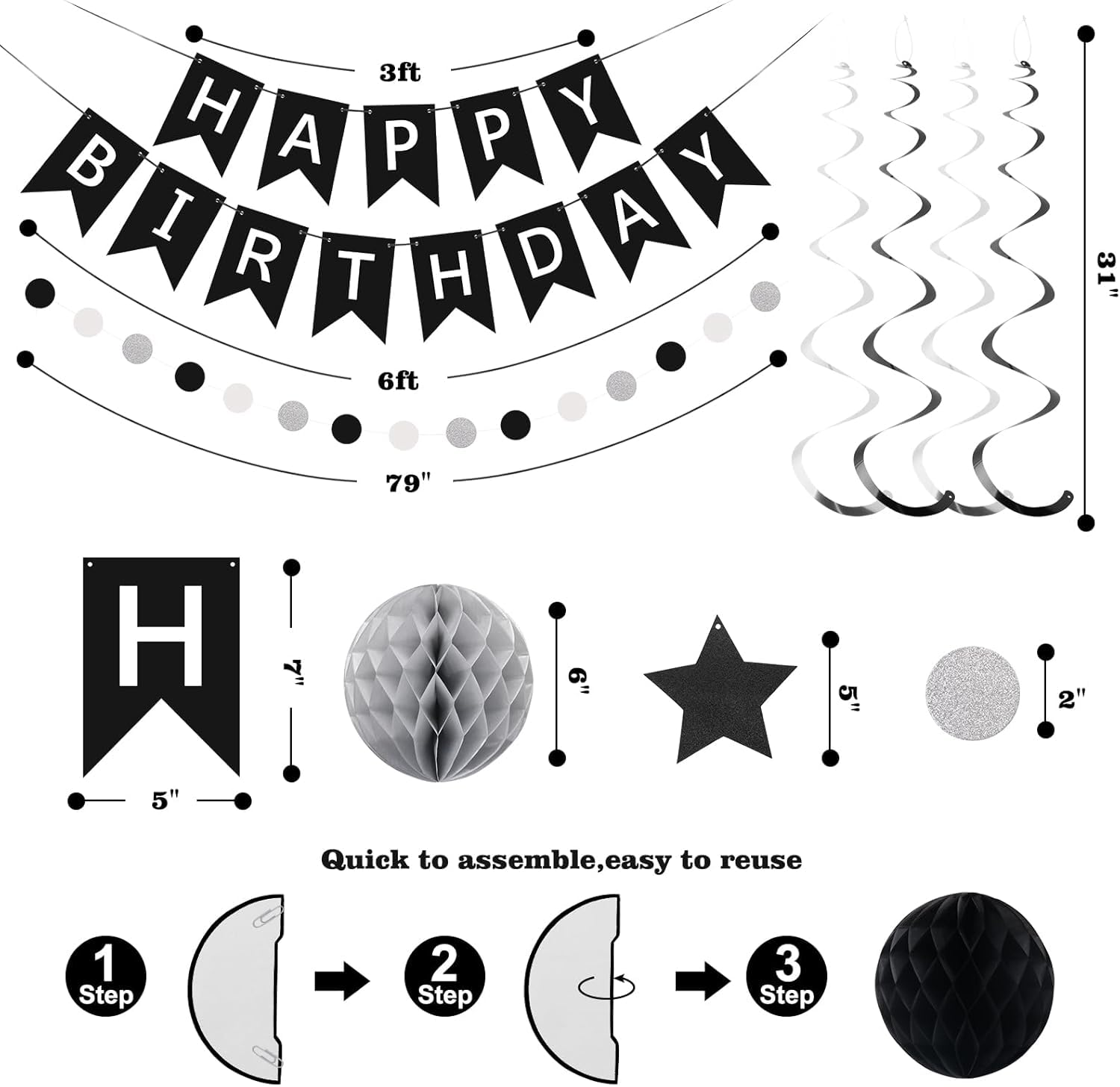 Lumjoy Birthday Decorations Happy Birthday Banner with Honeycomb Balls Star Hanging Swirl Streamers Circle Dot Garland Party Decoration for Women Men Boys & Girls (Black & Silver) - Blue image number 4