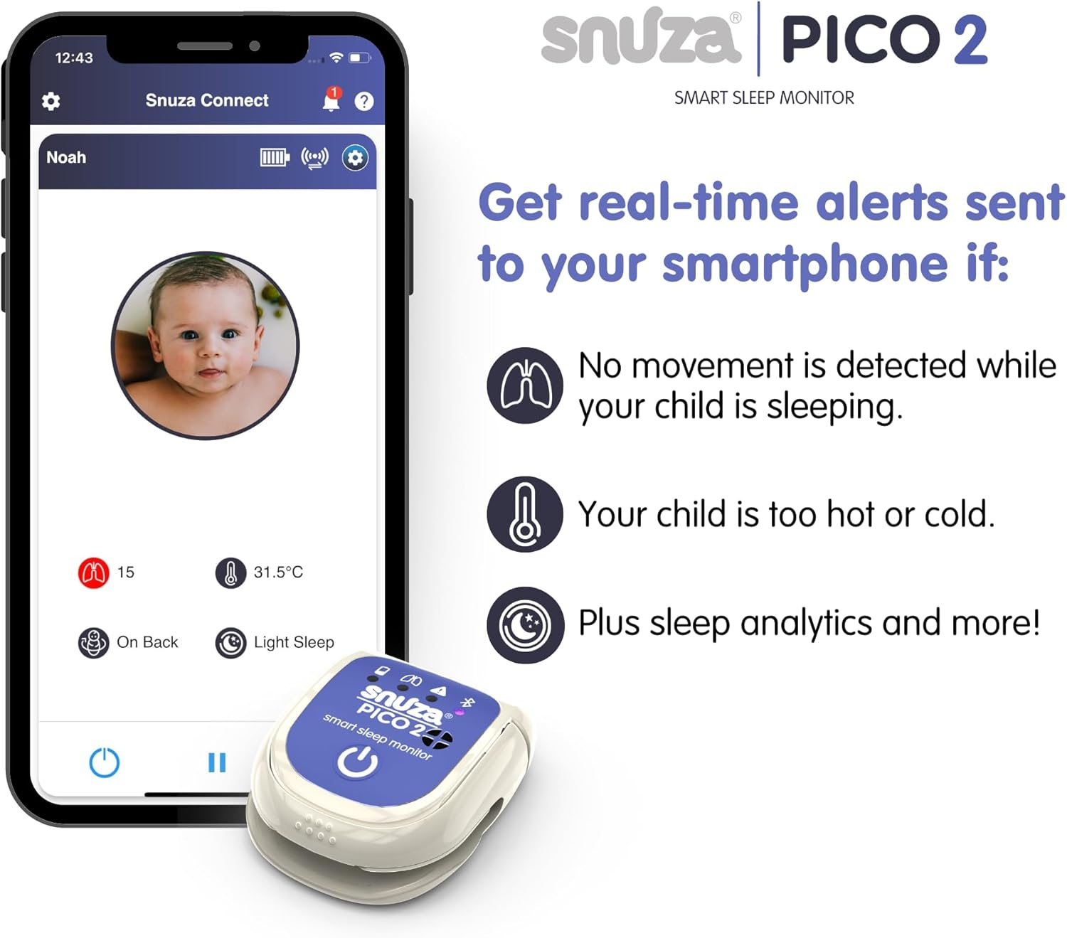 Snuza Pico 2 &ndash; Smart Sleep Monitor | Connect to App or Use as Standalone Device | Tracks Movement, Sleep Patterns, Body Position & Skin Temperature | Real-Time Alerts for Safer Sleeping image number 5