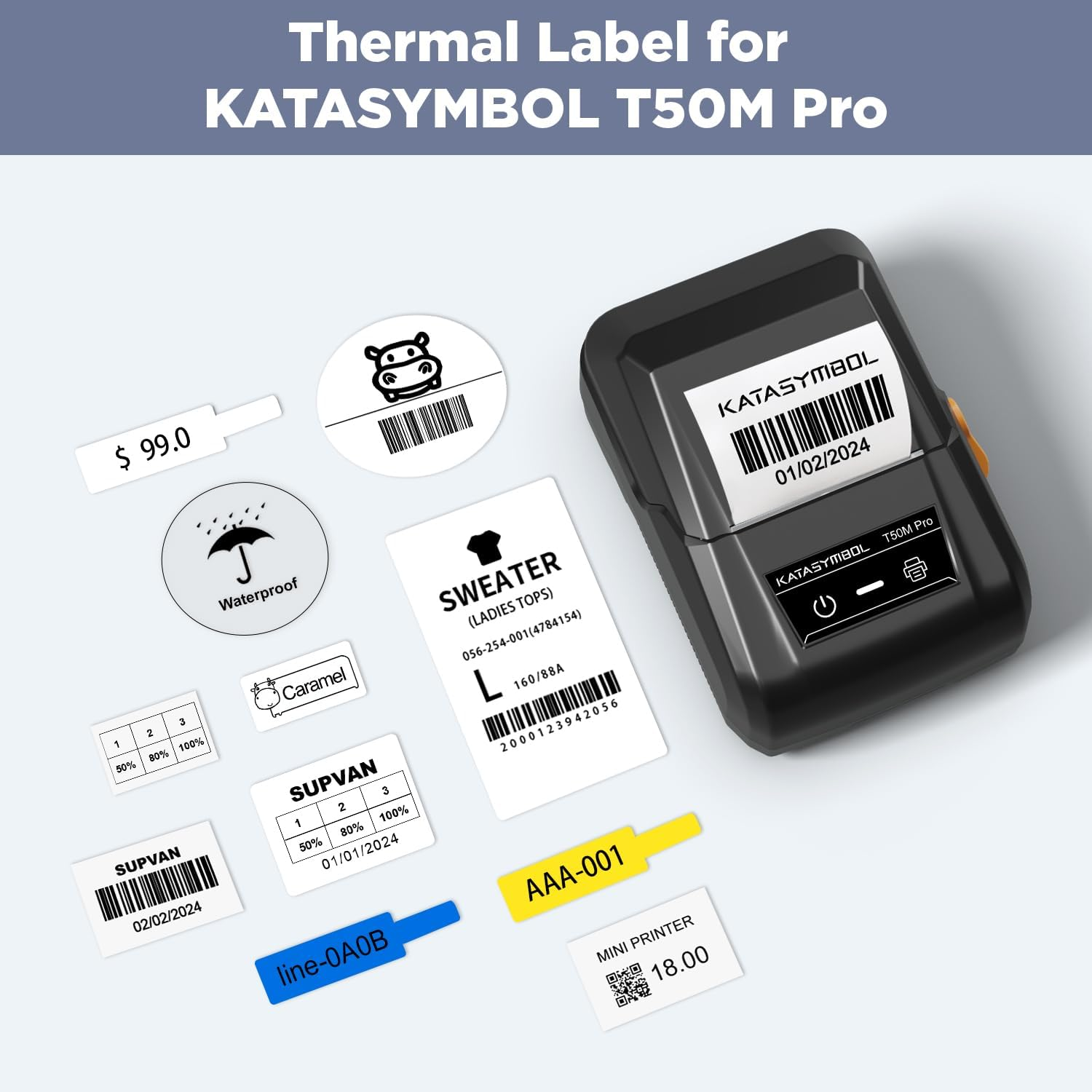 SUPVAN KATASYMBOL T50M Cable Label Tape Thermal Waterproof Clear Printing Self-Adhesive Multipurpose Replacement, 25 Mm X 38 Mm + 40 Mm, Black on Yellow, 100 Labels per Roll image number 5