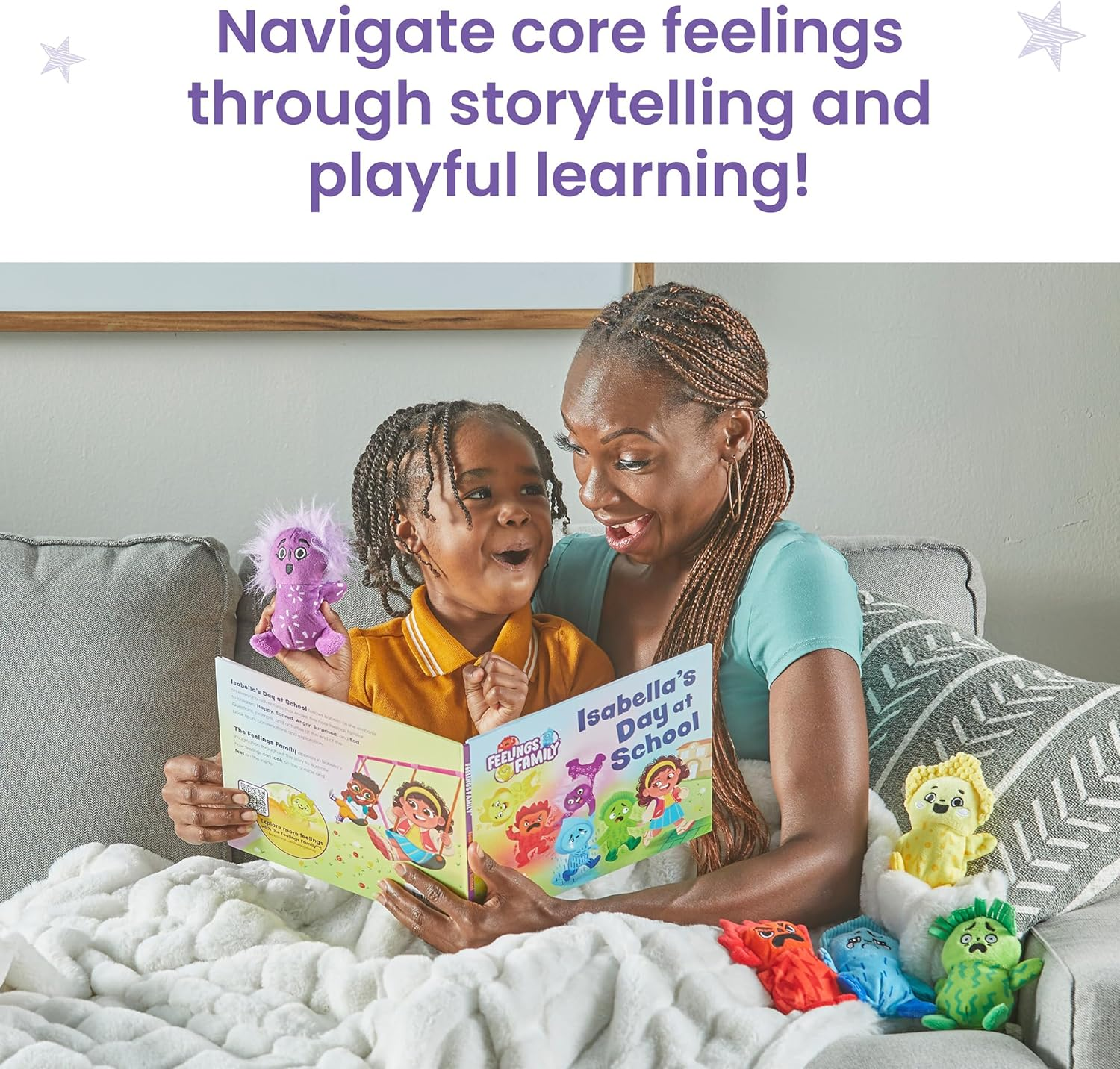 Hand2Mind Feelings Family Introductory Storybook and Plush Set, Toddler Emotions Book, Social Emotional Learning Activities, Play Therapy Toys, Preschool Books 3-5, Calm down Corner Supplies image number 1