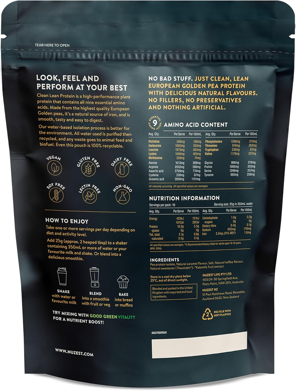 Nuzest - Clean Lean Pea Protein - Vegan Protein Powder - Complete Amino Acid Profile - Plant-Based Workout & Recovery Fuel - All Natural Food Supplement (250G, Salt Caramel)