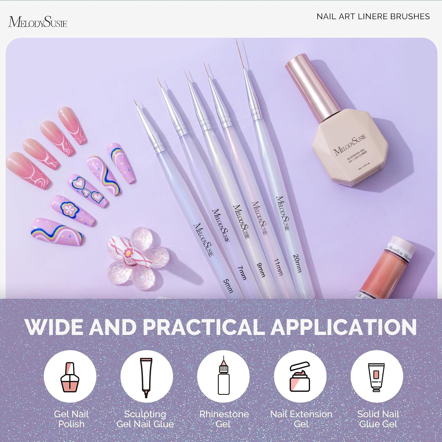 Melodysusie 5 Pcs Nail Liner Brush Set Professional Gel Nail Polish Pen Painting Art Design Long Fine Lines Small Details Fine Drawing Delicate Coloring Tam