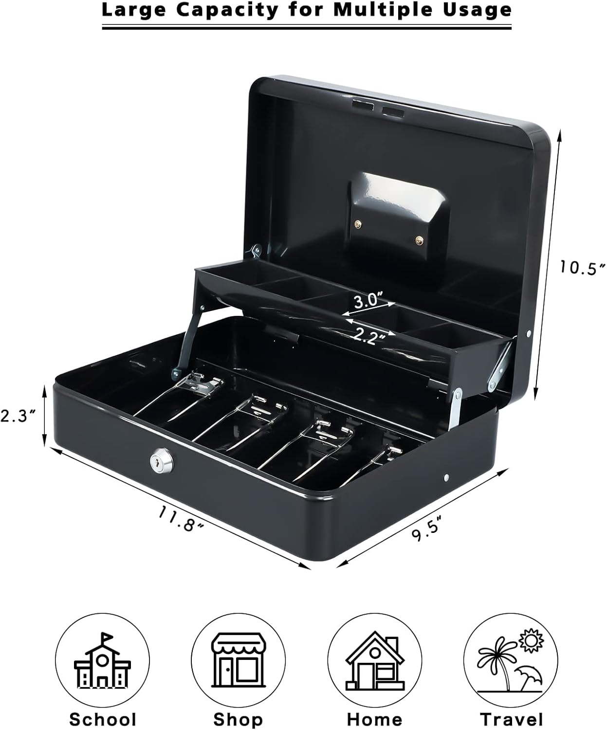 Xydled Cash Box with Money Tray and Key Lock,Tiered, Cantilever Design,4 Bill / 5 Coin Slots,11.8" X 9.5" X 3.5",Black
