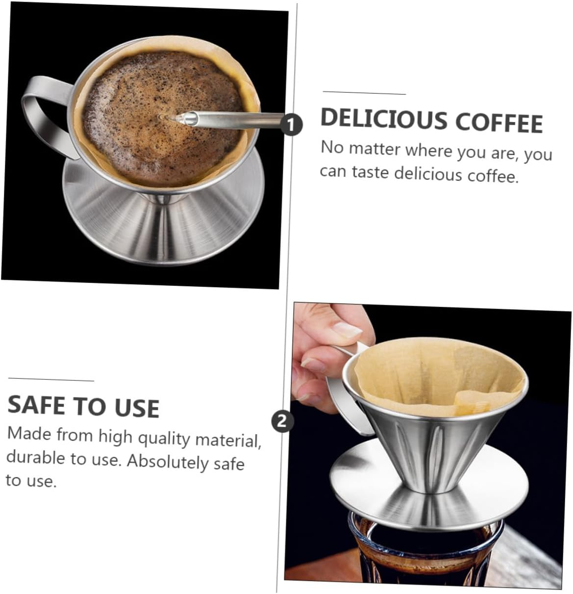 GAXIRE Stainless Steel Coffee Filter and Tea Strainer Reusable Drip Funnel with Handle and Base for Home Brewing image number 5