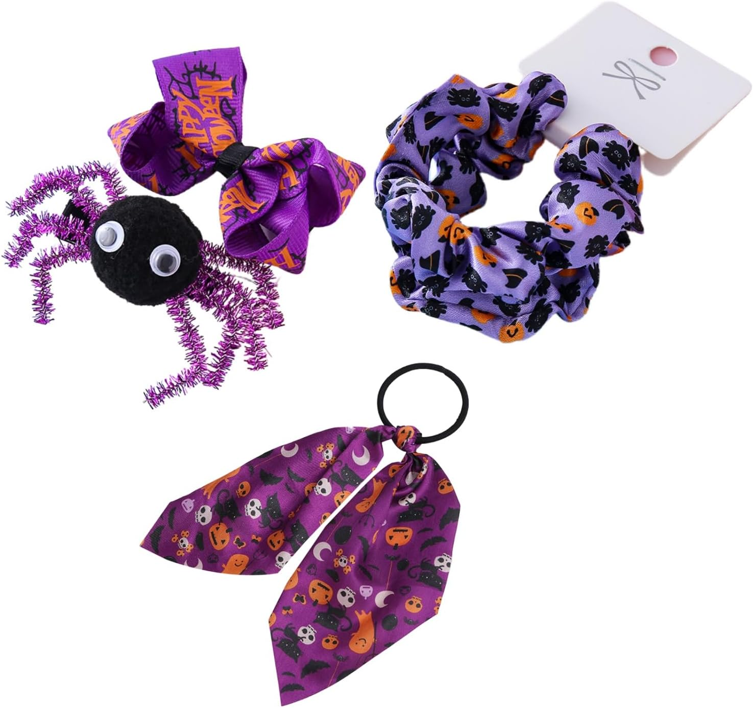 Kawlxpp Halloween Hair Accessories Set 5Pcs &ndash; Spider & Bow Clips, Silk Scrunchies, Elastic Ribbon Hair Ties for Girls & Women Halloween Costume (Pumpkin Spice)