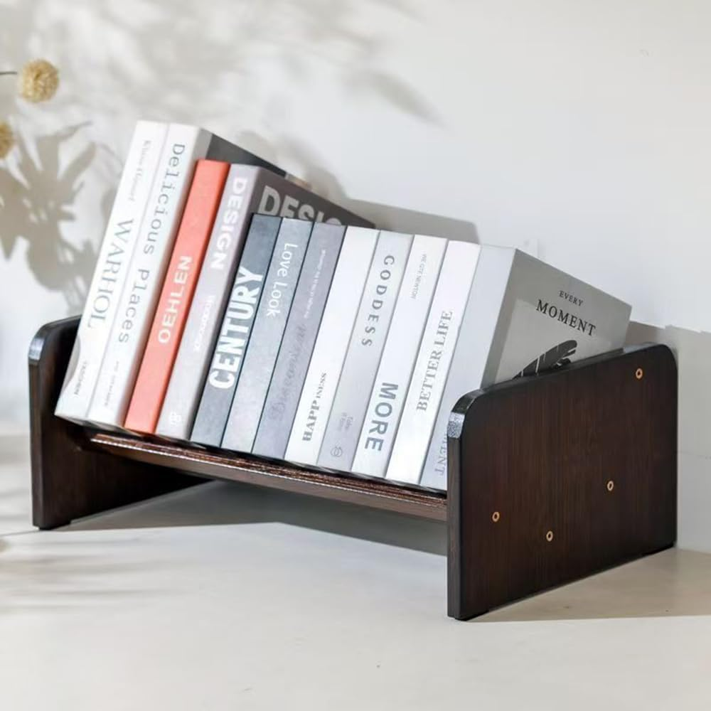 Hbluefat Desktop Bookcase, Small Wood Desk Bookshelf Organizer, Tabletop Mini Storage Shelf (Wood)