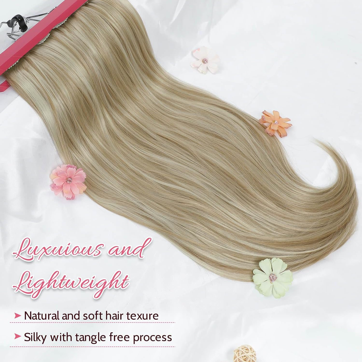 FINE plus Clip-In Extensions, 6 Pieces, Long Wavy Hair Extensions, Synthetic Extensions, Double Weft Hair, Full Head, Seamless Hairpiece for Women (77.33 Cm, Dark Blonde with Highlights) image number 4