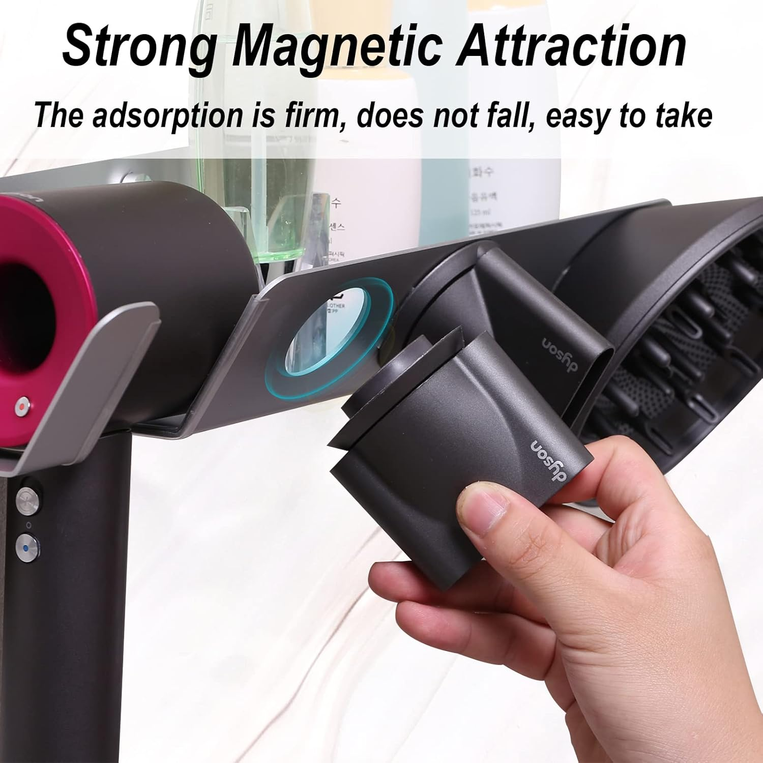 Hair Dryer Holder for Dyson Supersonic - Wall Mounted, Strong Magnetic Bracket Organizer for Attachments, Space-Saving Blow Hair Dryer Storage Shelf, Sturdy Bathroom Hair Care Tool Rack image number 1
