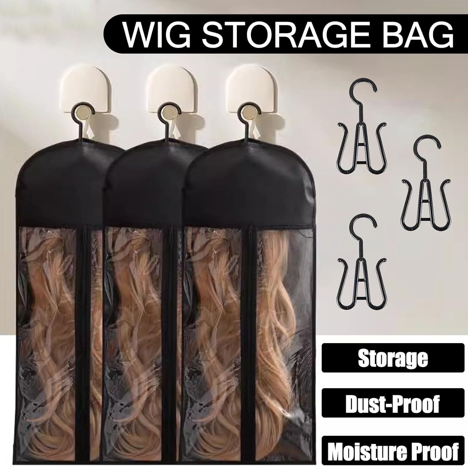 TYXHXTF 3Pcs Wig Storage Bag, Dustproof Wig Bag, Hair Extension Storage, Wig Storage Bag with Hanger (Black) image number 6