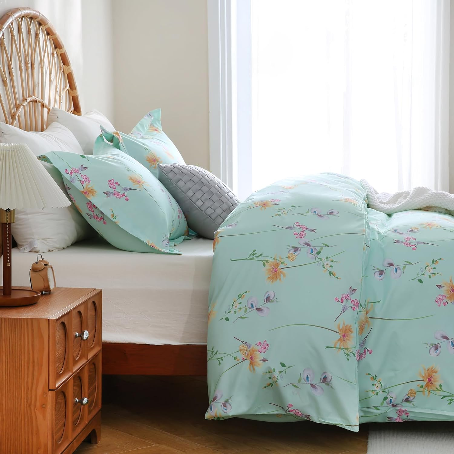 JSD Green Floral Printed Duvet Cover Set Queen, 3 Piece Microfiber Botanical Comforter Cover with Corner Ties Zipper Closure image number 2