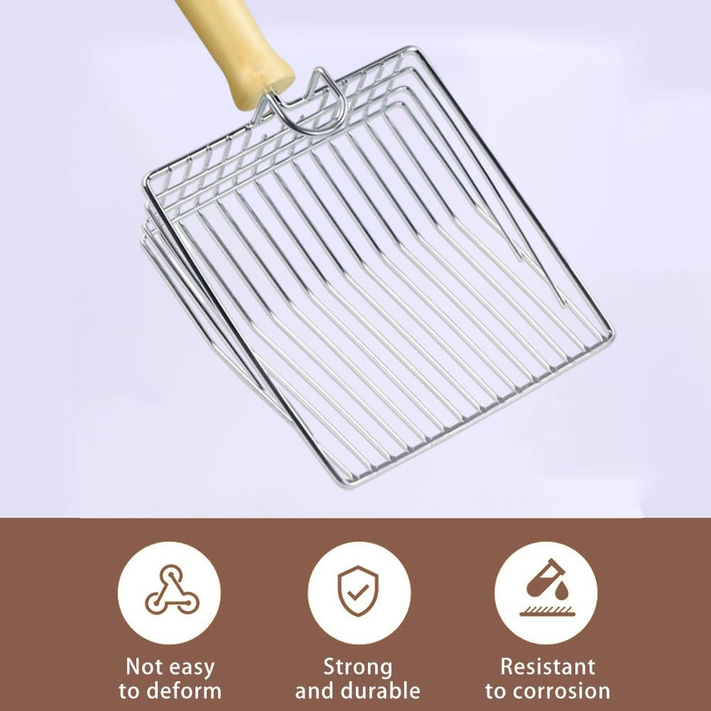 Polished Smooth Stainless Steel Durable Wooden Handle Cat Litter Scoop 7Mm Gaps Metal Garbage Shovel image number 6