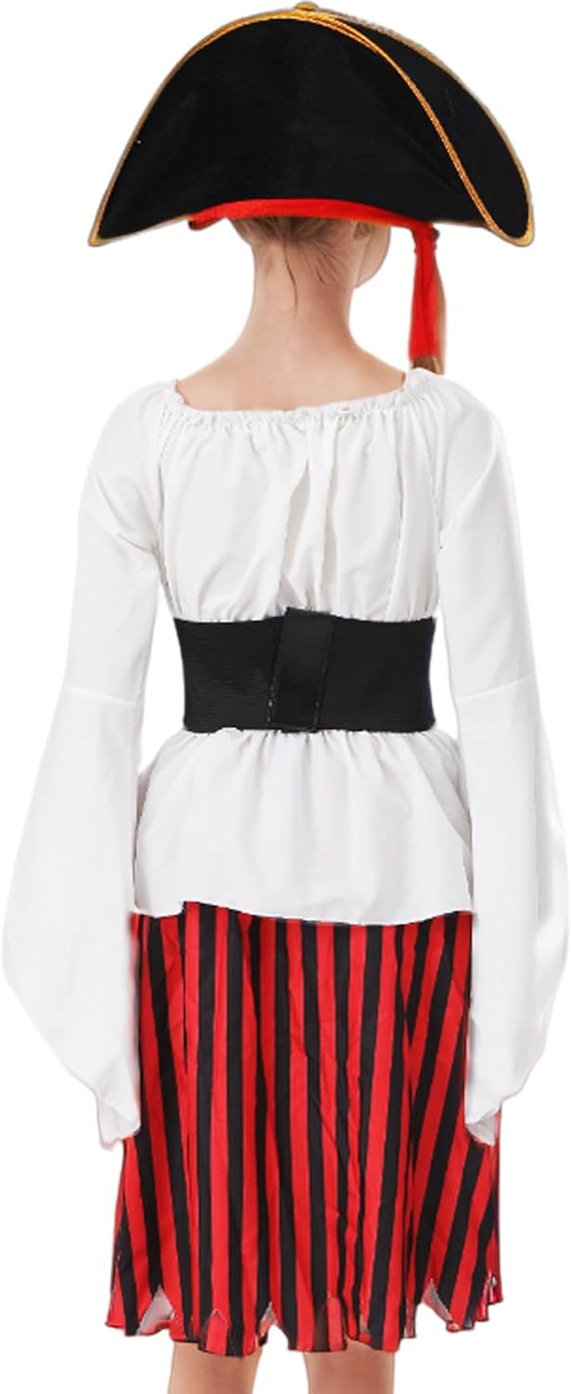 Pirate Costume Adult Halloween Costumes Women Pirate Shirt and Skirt Outfit with Hat Corset Eye Patch Accessories (White-Red Striped, XL) image number 2