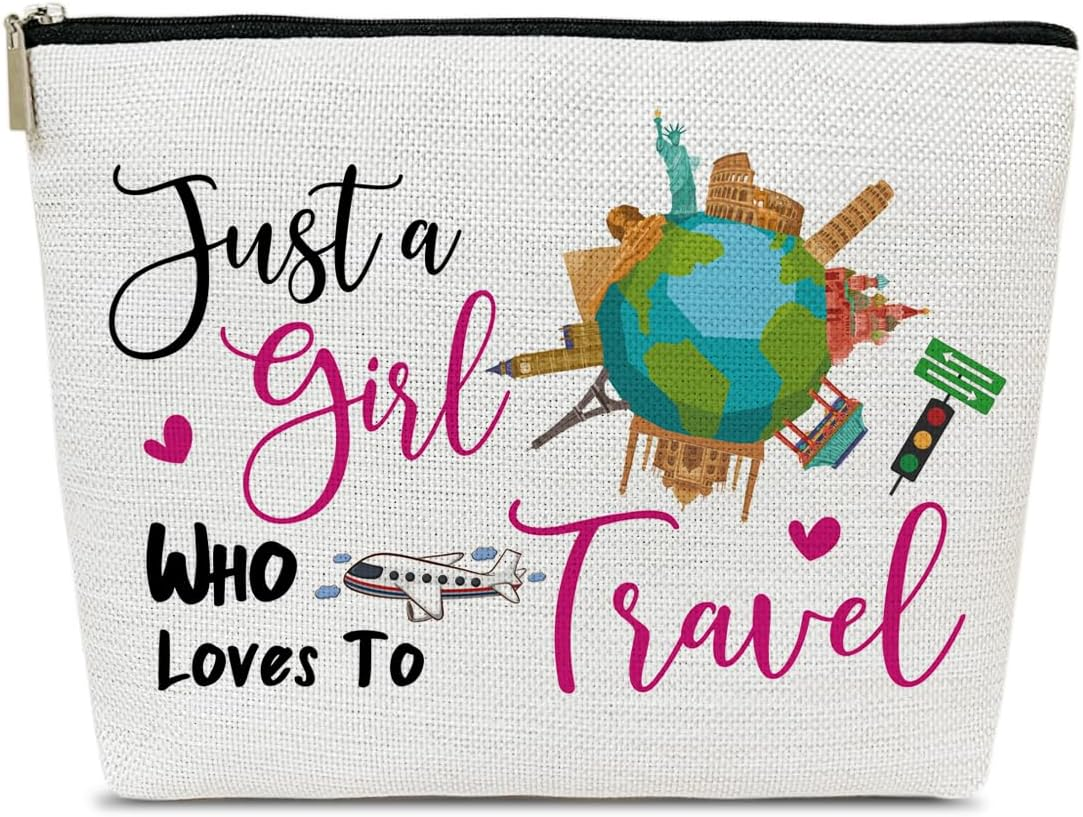 Ythuil Just a Girl Who Loves to Travel Makeup Bag, Travel Gifts for Women Female Her Girlfriend Best Friend Lover, Girls Trip Gifts Favors, Small Cosmetic Bag for Purse, Colorful image number 5