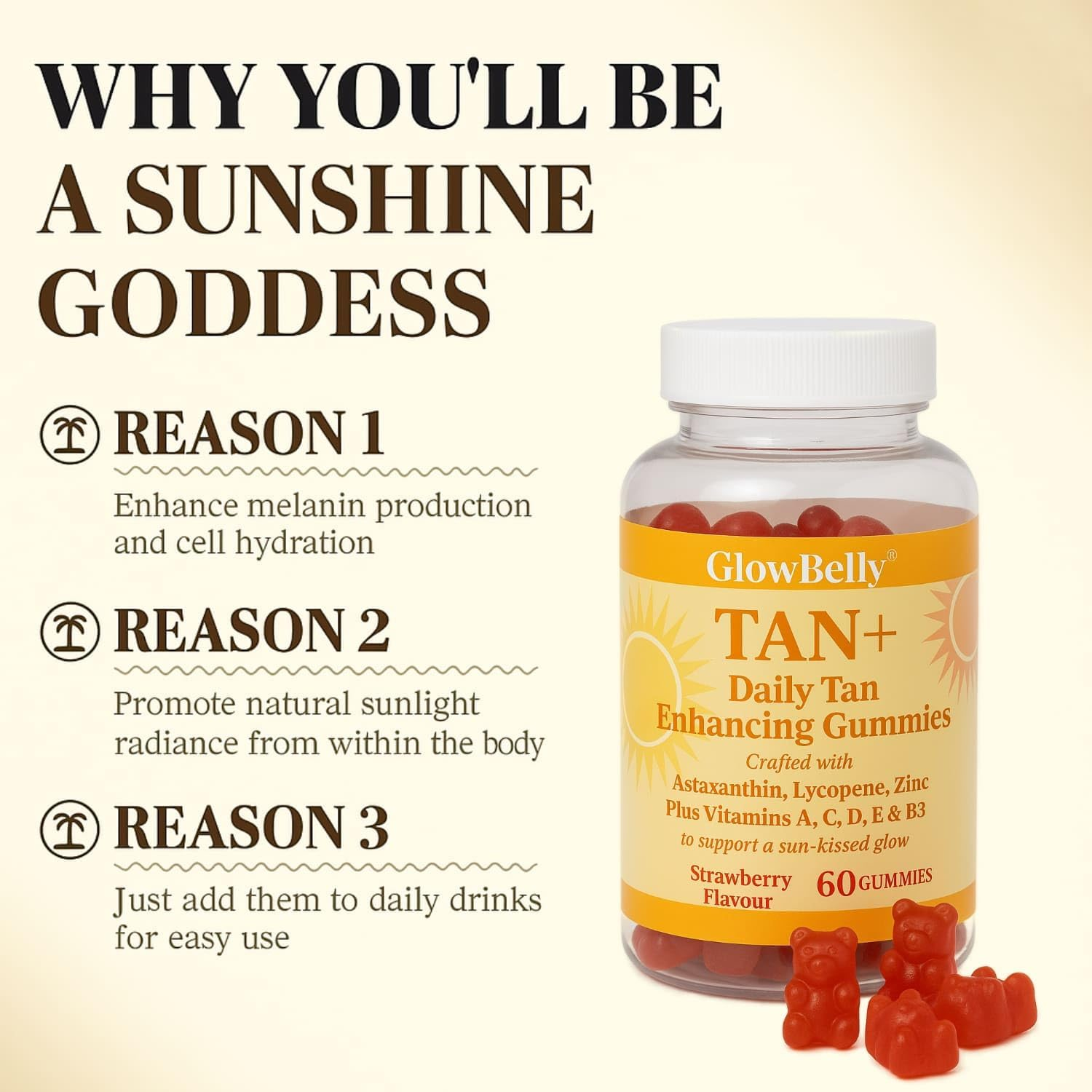 Tan plus Strawberry Tanning Gummies | 24Mg Astaxanthin + 100Mg Lycopene + 7500Mg Beta Carotene, Zinc, Vitamins a C D B3 | Glow & Antioxidant Support Gummies | 60 Pieces by Glowbelly