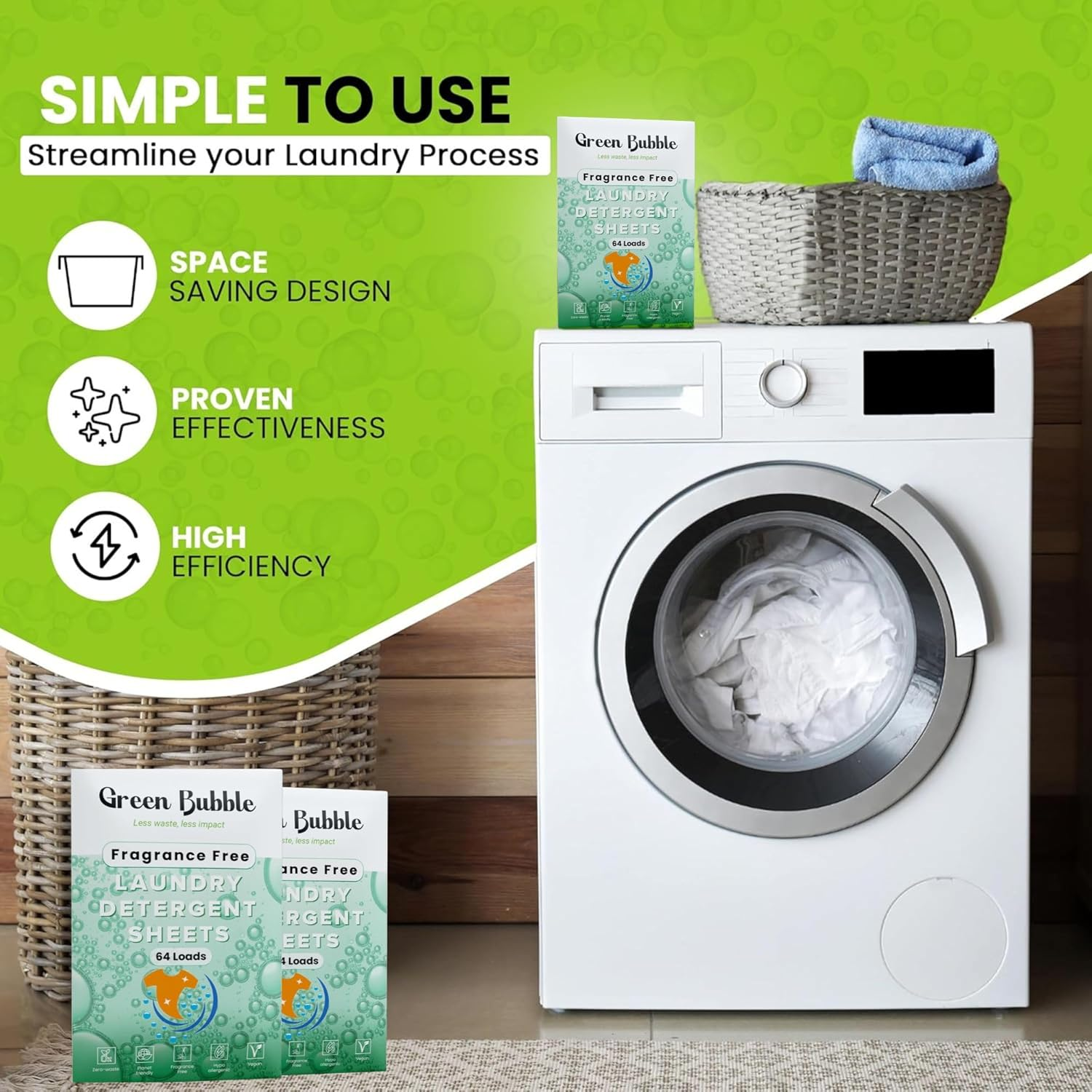 Green Bubble Laundry Detergent Sheets &ndash; 64 Loads, Fragrance Free image number 2