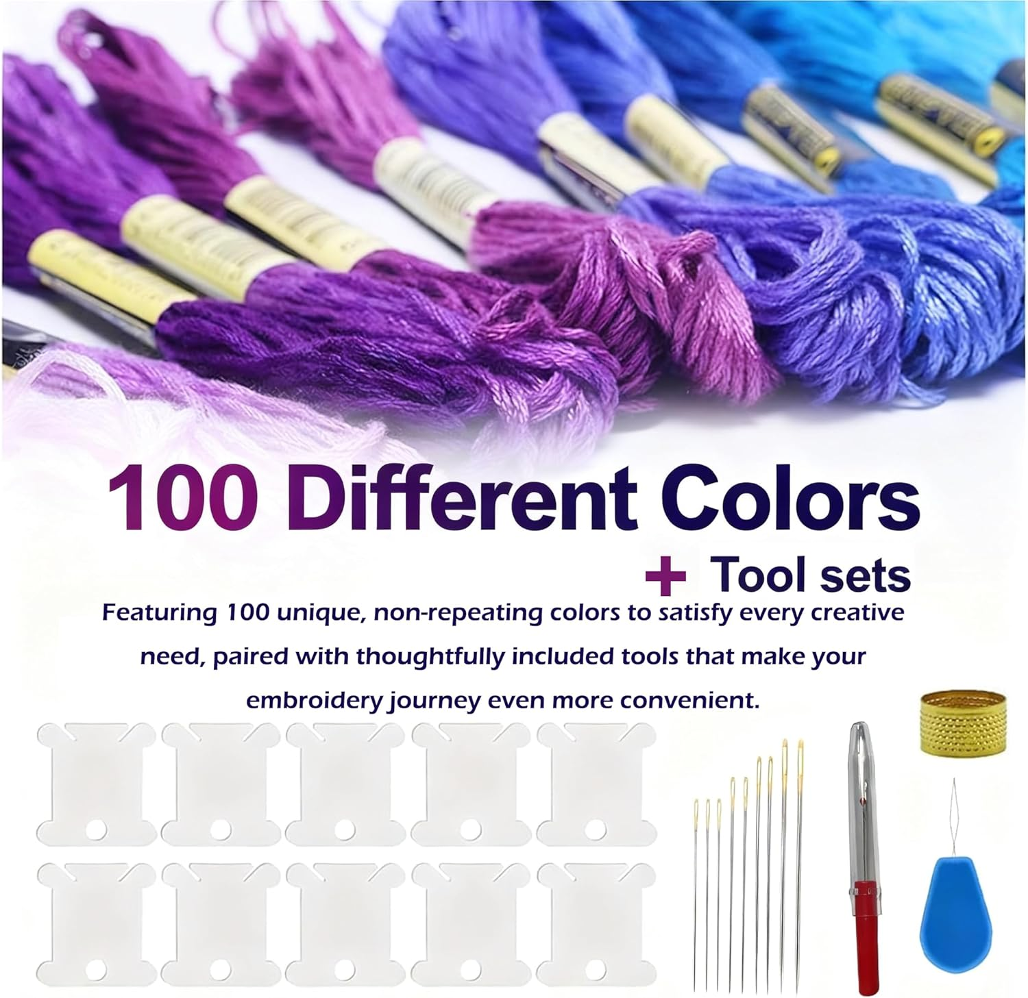 100 Skeins Multicolor Embroidery Floss Set - 6-Strand 8.75Yd per Skein, Rainbow Cross Stitch Threads for DIY Crafts, Friendship Bracelets & Machine Embroidery with Craft Tool Kit, Machine Washable image number 2