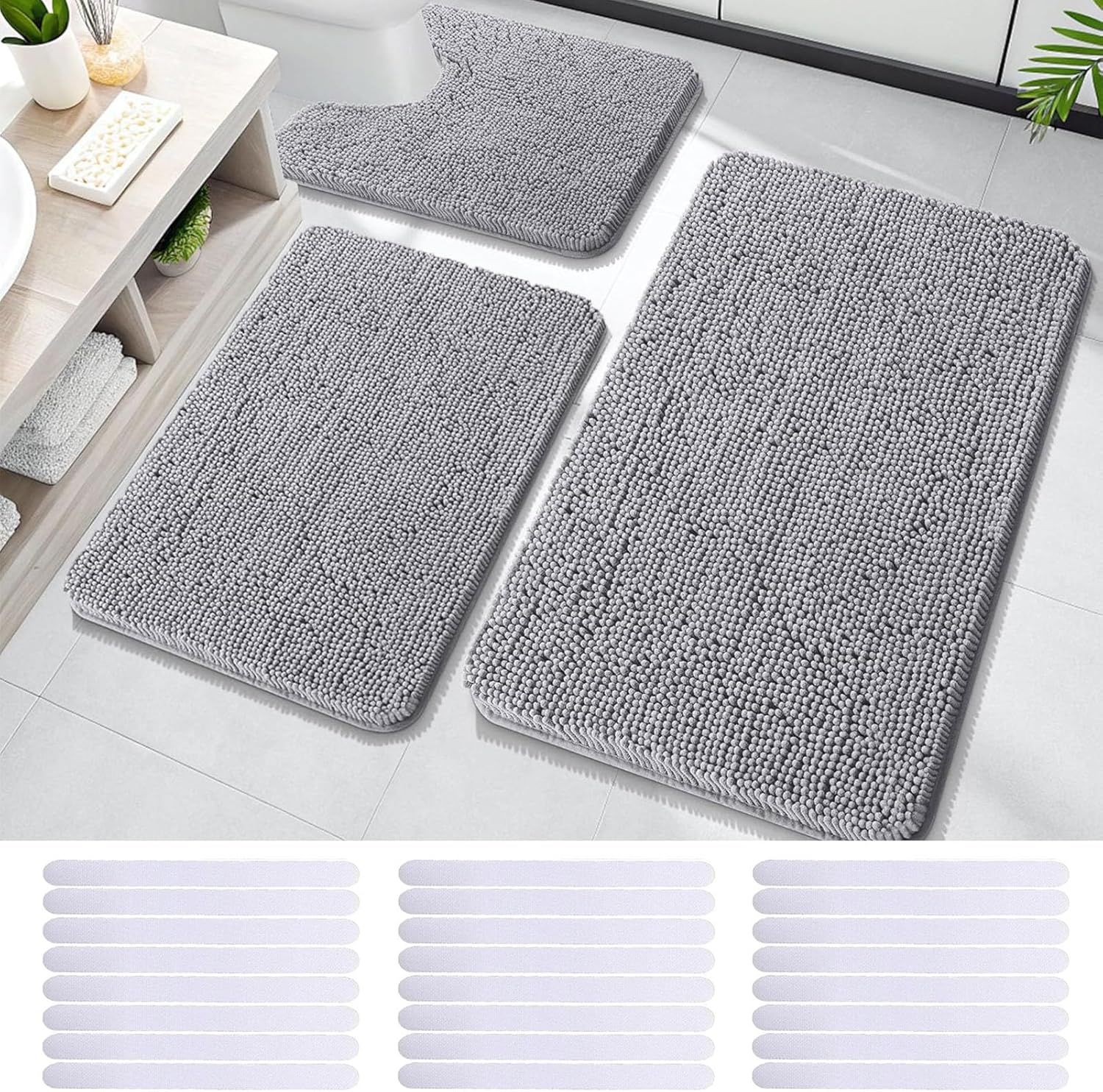 Bathroom Mat,Bathroom Rugs Sets 3 Piece,Soft Absorbent Chenille Bath Mat with 24 Piece Bathtub Non Slip Stickers,U-Shaped Contour Toilet Rug,Bath Mats for Bathroom,Tub,Grey image number 3
