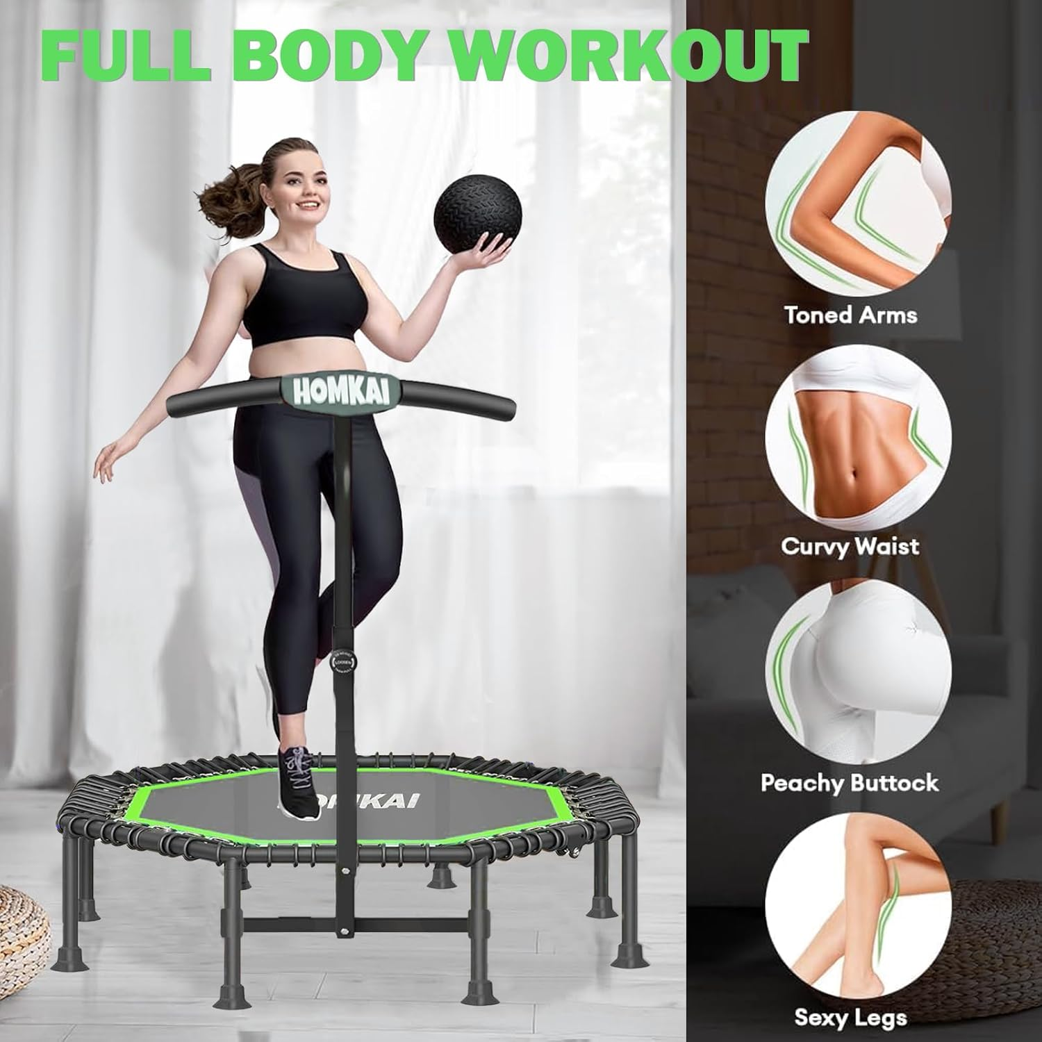 HOMKAI 51" Foldable Mini Trampoline Rebounder, Fitness Trampolines, T Shape Adjustable Foam Handle, Stable & Quiet Exercise Rebounder for Kids Adults Indoor Outdoor Workout image number 3