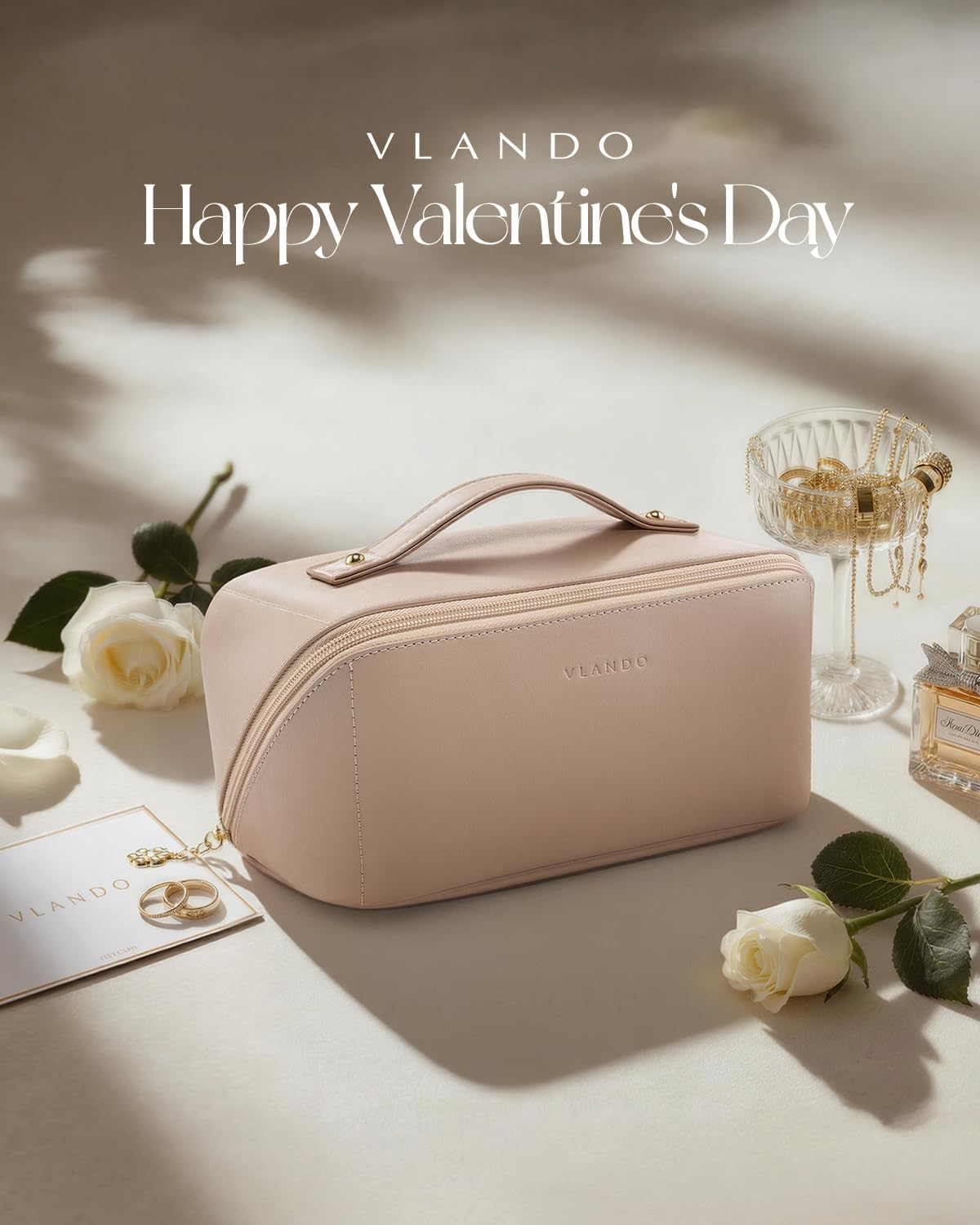 Vlando Travel Makeup Bag,Toiletry Bag for Women PU Leather Open Flat Make up Bag, 01.Toffee, Classic Elegant image number 1