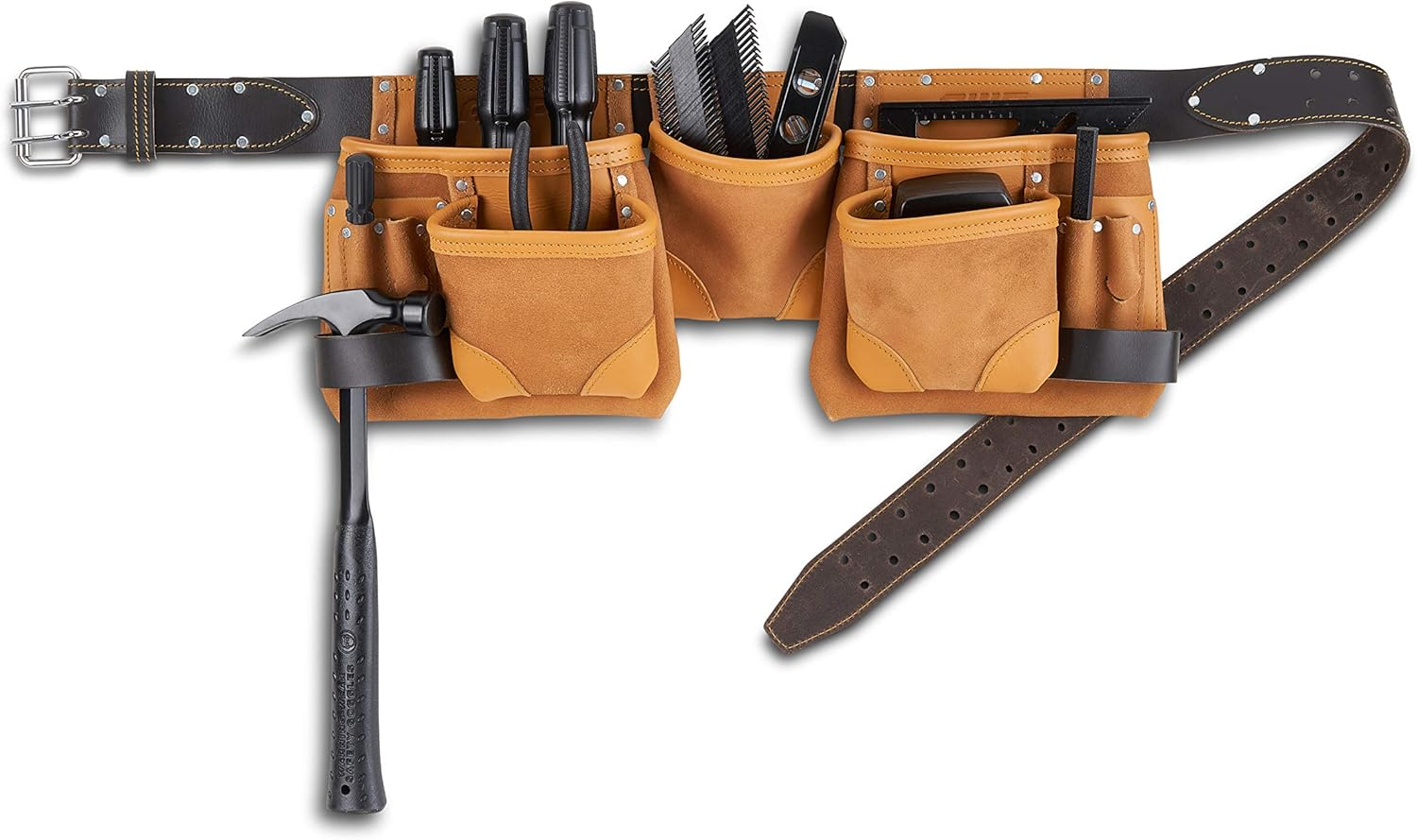 AWP Classic Construction Leather Tool Apron | Durable Top Grain Leather Work Belt with 11 Tool Storage Pockets | Fits up to 50" Waist Size