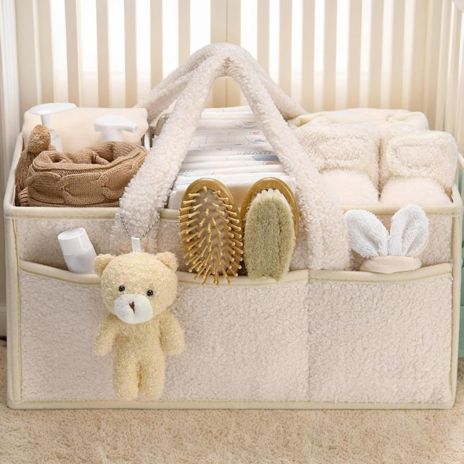 Baby Changing Bag Organiser, Baby Storage Bag with Removable Dividers, Multifunctional Portable Changing Organiser with Bear, for Wet Wipes and Baby Items, 38 X 25.4 X 17.8 Cm image number 2
