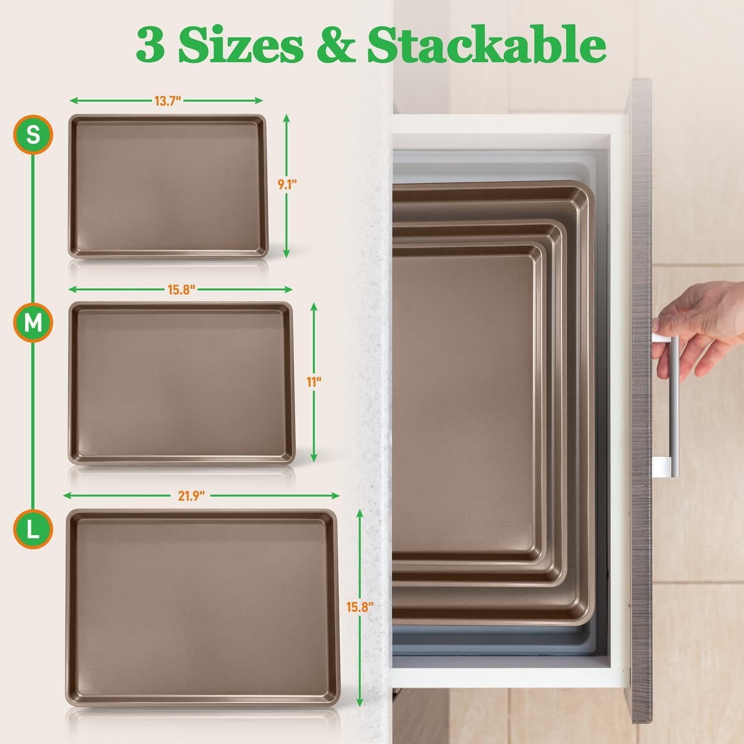 Nutrichef 3-Piece Nonstick Oven Cookie Sheets for Baking, Heavy Duty Carbon Steel Baking Sheet Pans Set, Large, Medium, and Small Sized Baking Tray, Dishwasher Safe (Gold)