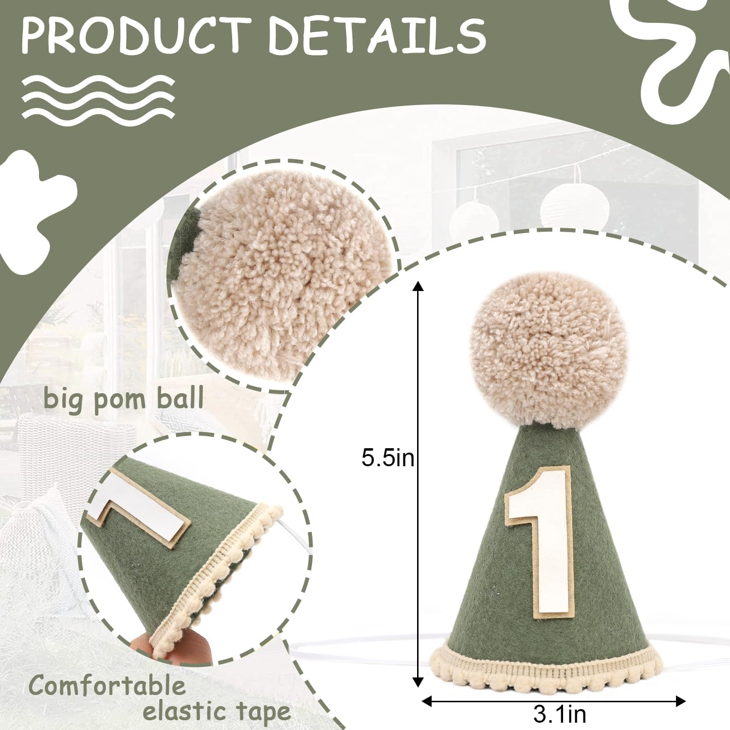 Agvgaza Wild One Birthday Hat - Wild/Woodland 1St Birthday Decorations,Deep Green Boys First Birthday Hat,Safari Jungle 1St Birthday Crown,Wild One Photo Props Cake Smash for Baby Boys image number 6