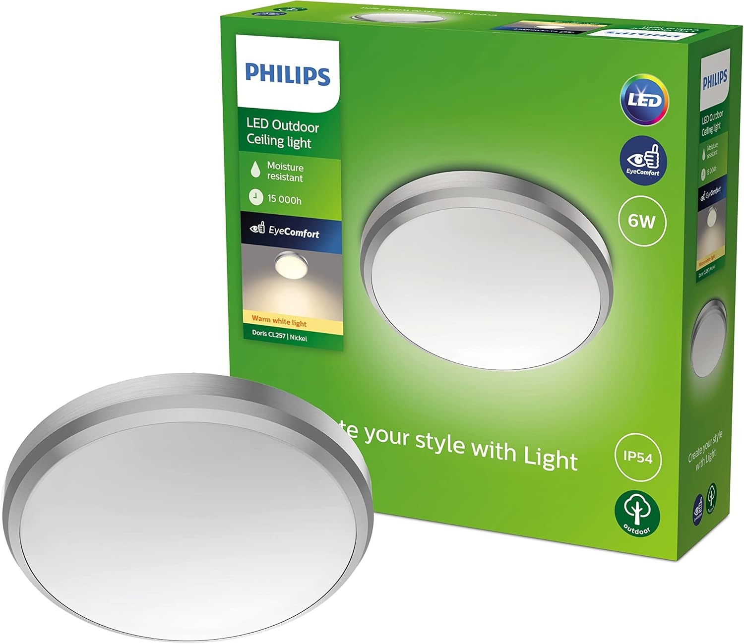 Philips LED Superslim Outdoor Ceiling Light 15W [Warm White - Black] Water Resistant IP54, for Garden, Patio and Terrace Lighting.