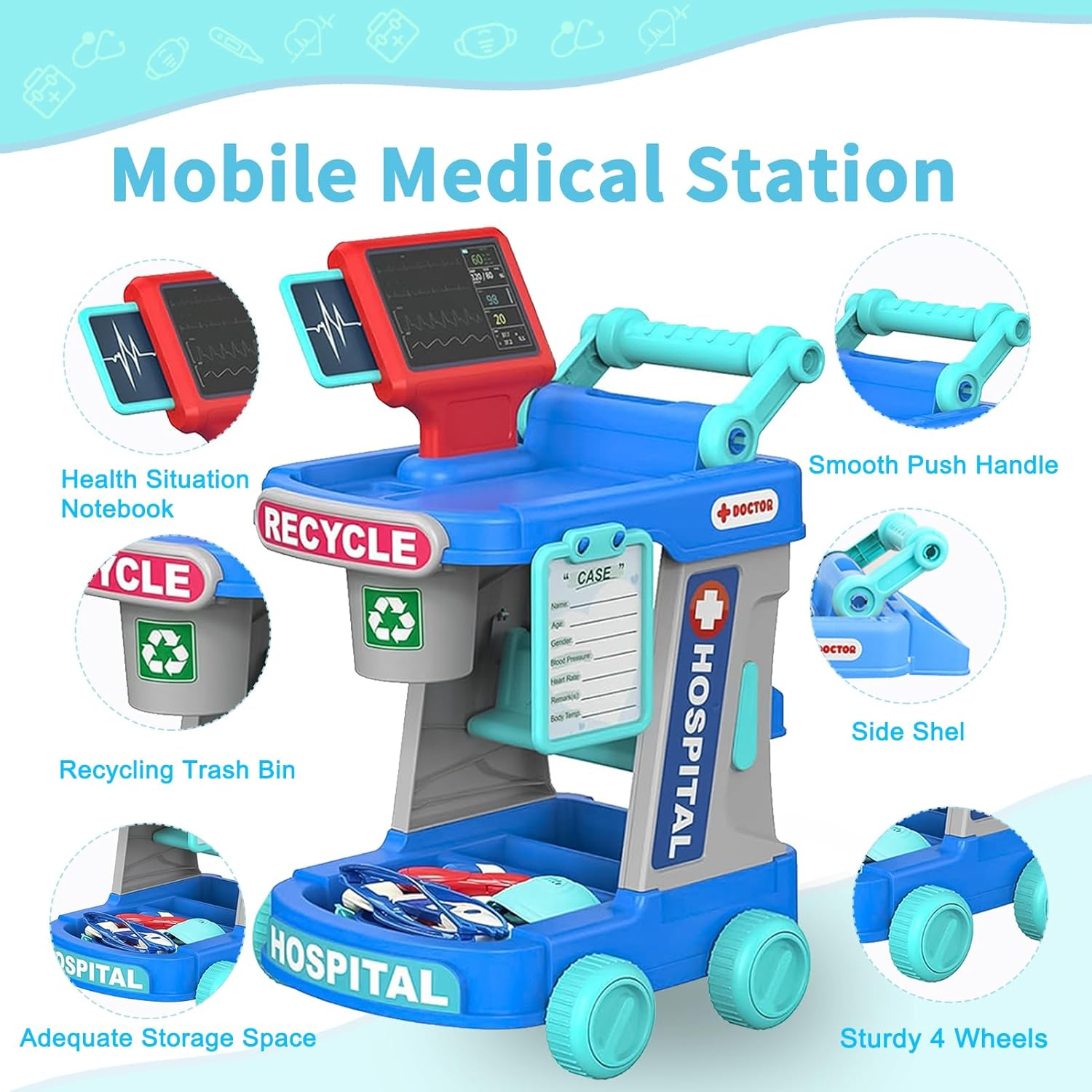Doctor Play Sets for Kids with Medical Rolling Cart,Doctor Costume Stethoscope and Doll,Role Play Medical Toy for Kids Aged 3 4 5 image number 4