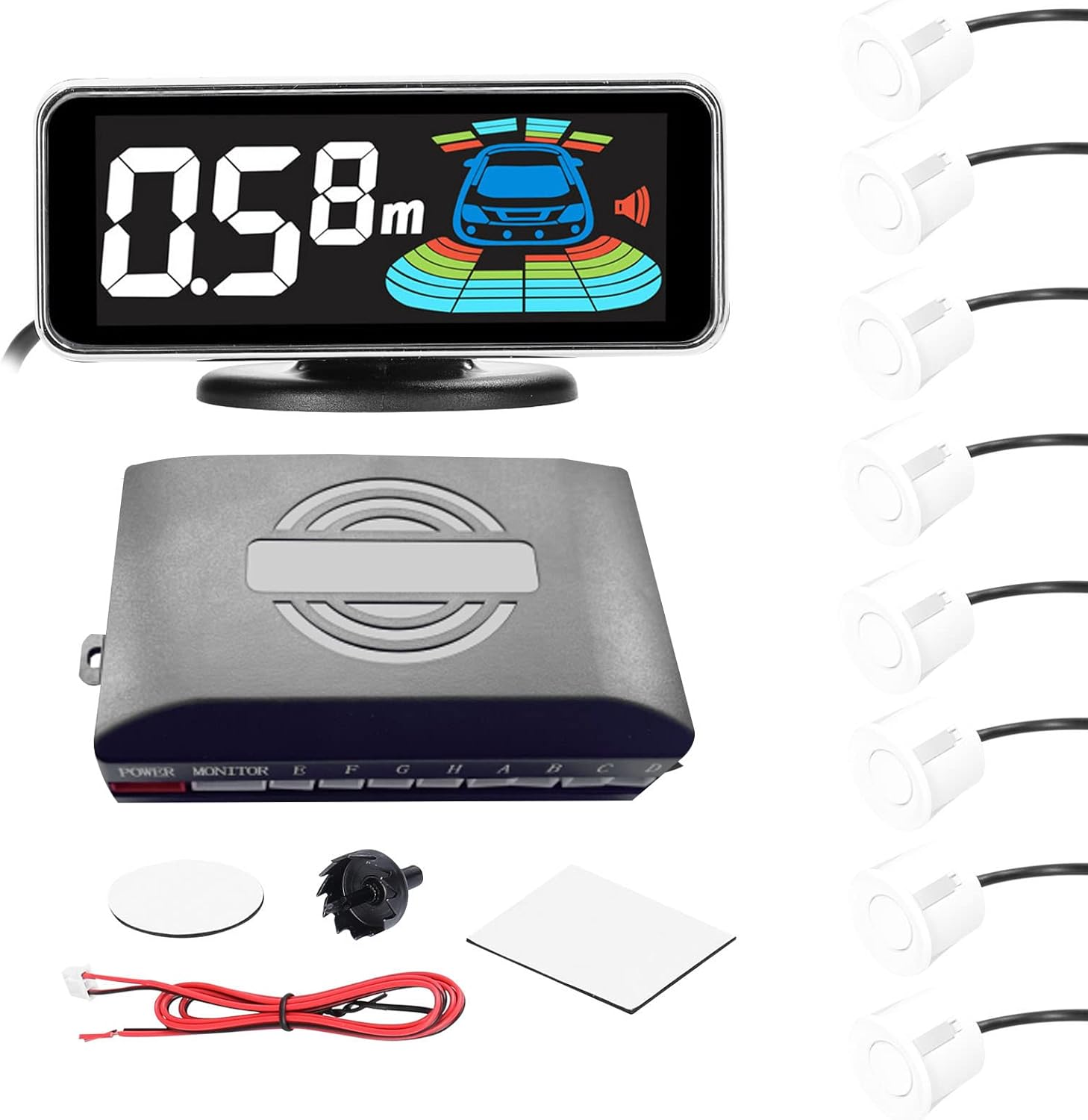 Weytoll Car Parking Sensor Rear Reversing Radars System with 8 Parking Sensors Distance Detection LCD Distance Display Sound Warning Buzzer White image number 2