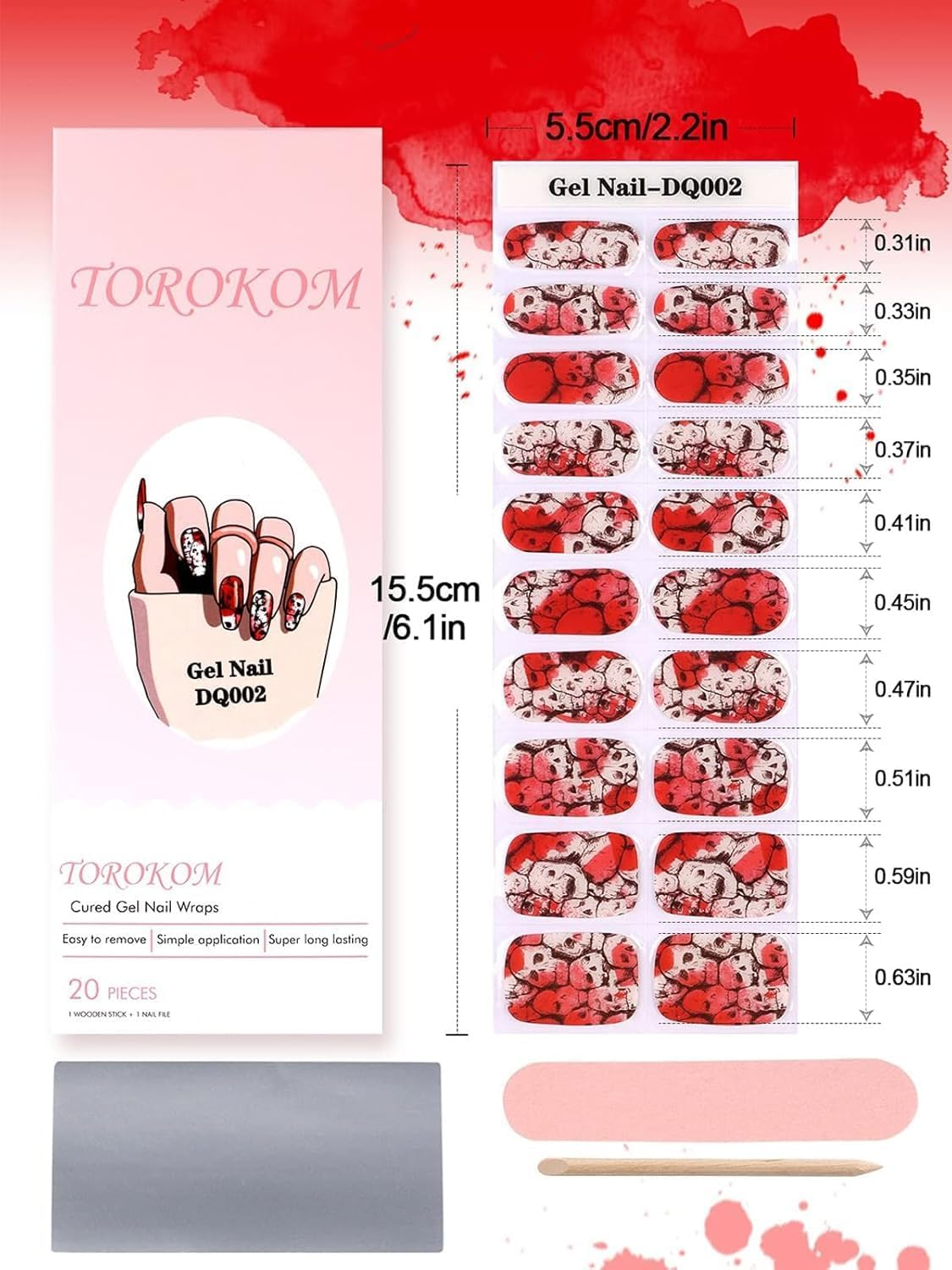 Kalolary Halloween Cured Gel Nails Strips, Bloody Skull ​Gel Nail Polish Strips Long Lasting Waterproof Full Nail Wraps Stickers with Stick, Nail File, Wipes & Sealing(Uv/Led Lamp Required) image number 5