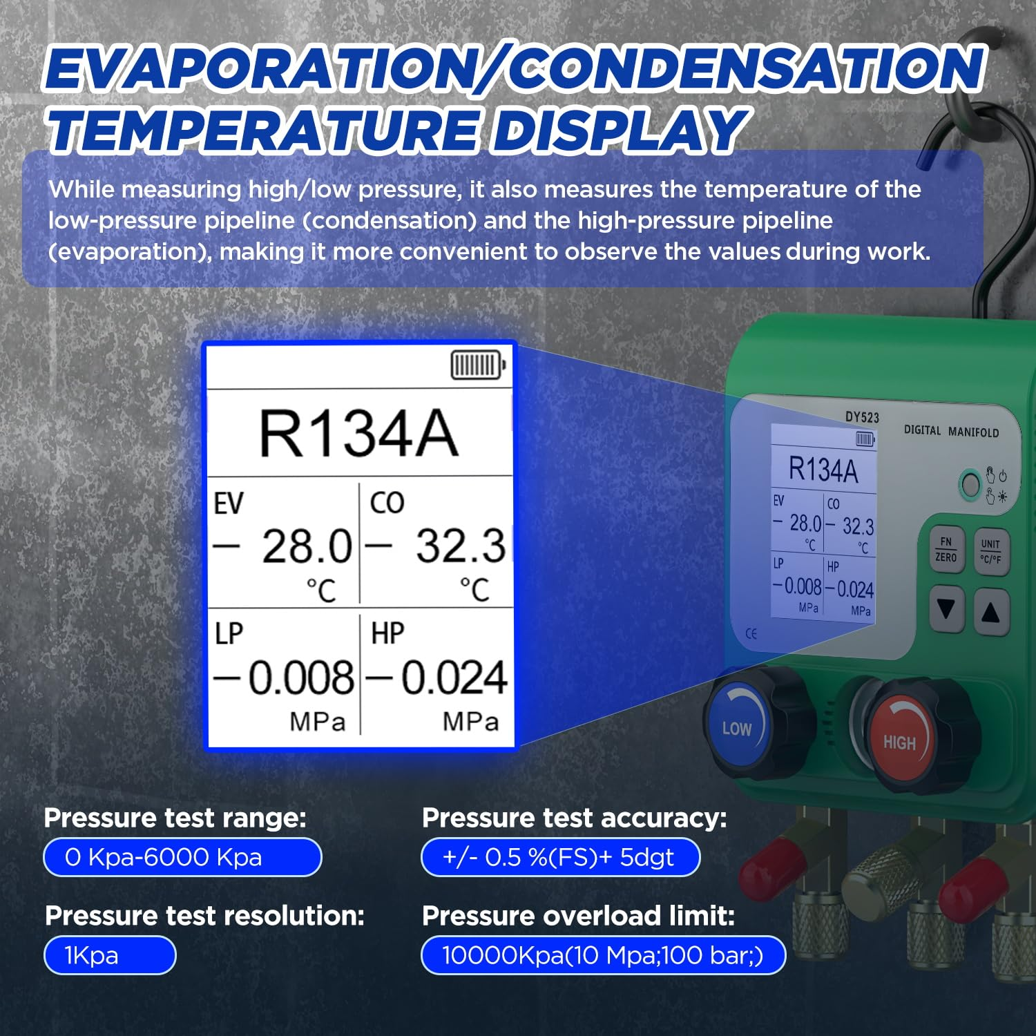 HVAC Digital Manifold Gauge Set 92 Refrigerants AC Gauge Set with Dual Pressure Test Digital Manifold Gauges with LCD Display for R134A/R22/R410A, HVAC Gauges with Refrigerant Hoses,Suitcase