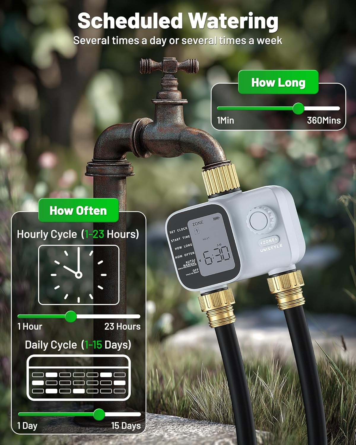 Water Timer 2 Zones, Sprinkler Timer Dual Outlet with Industrial Brass Inlet, Easy to Set Up, Automatic/ Manual/ Delay Mode for Watering Hose, Programmable Garden Tap Irrigation System