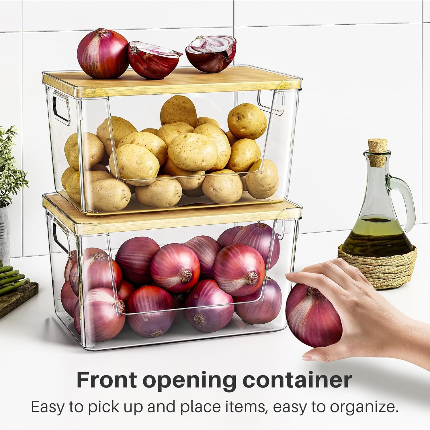2 Set Pantry Organizer and Stackable Storage Kitchen,Sturdy and Durable Storage Basket for Potato, Onion, Garlic, Fruit, Vegetable, Produce, Clear Plastic Storage with Lid&Handle
