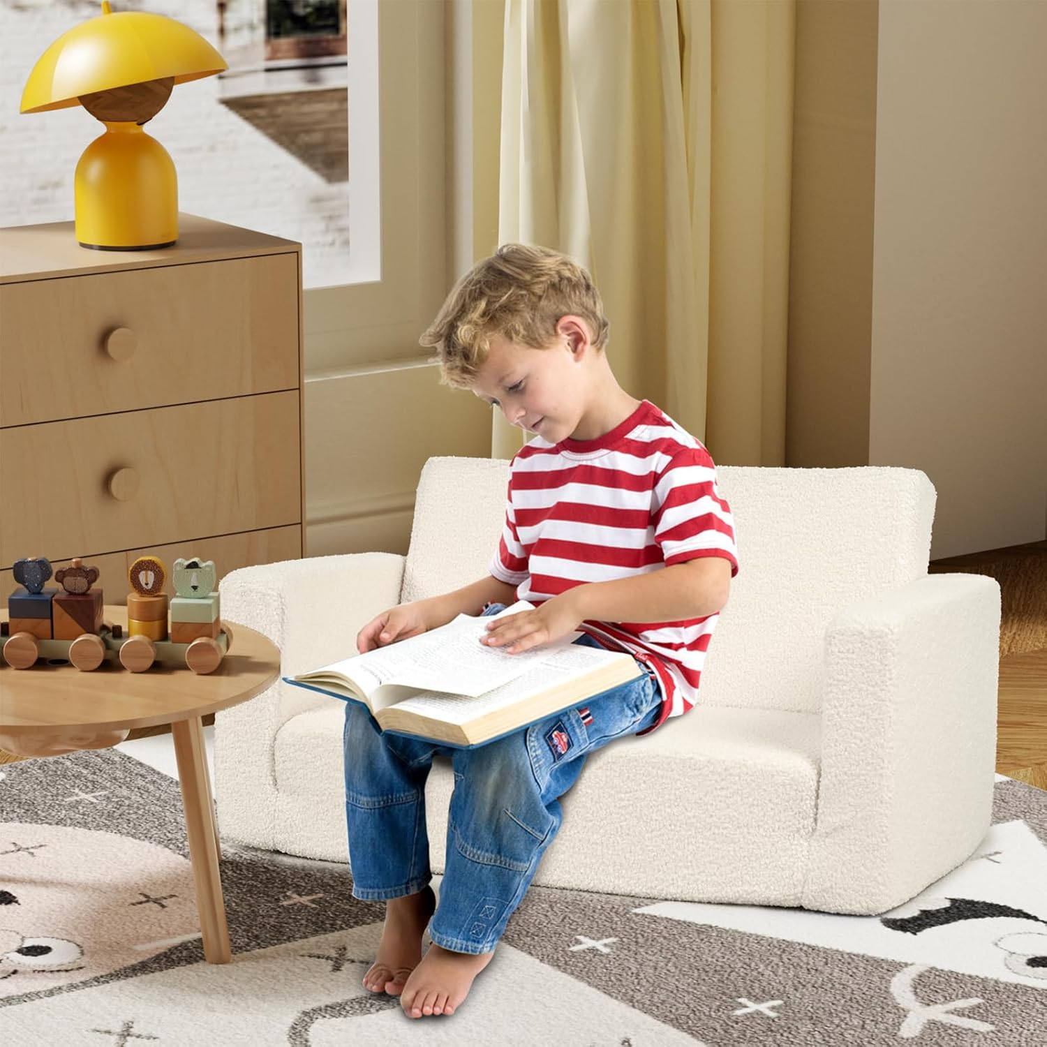 FAYDUDU Kids Sofa, 2-In-1 Fold Out Soft Toddler Couch, Toddler Sofa Bed with Washable Covers, Chair with Side Pocket Suitable for Playroom and Bedroom, Baby Sofa for Boys and Girls (Beige, L) image number 6