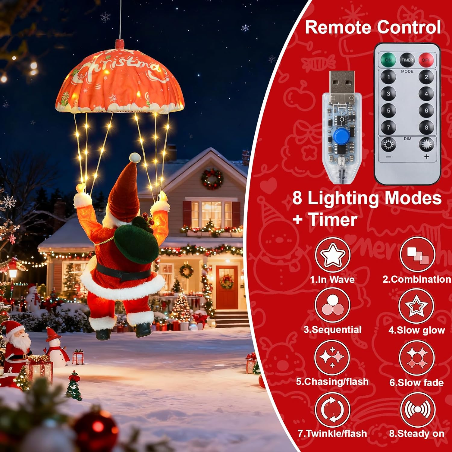 Qoosea Santa Claus Parachute Fairy Lights, 63 Cm, 88 LED Christmas Fairy Lights, USB with Timer, 8 Modes, Christmas Lighting for Christmas Tree, Window, Balcony, Indoor, Outdoor, Christmas Decoration image number 4