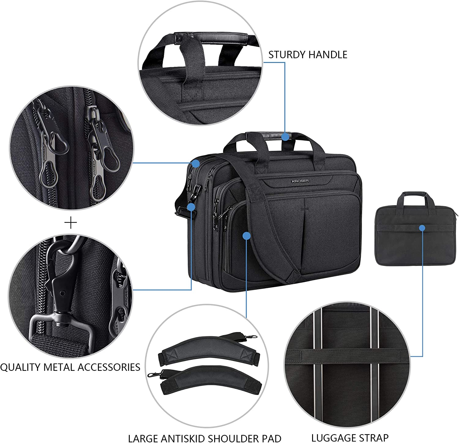 KROSER Laptop Bag 18" Expandable Lightweight Briefcase for 17.3" Laptop Premium Business Work Bag Water-Repellent Messenger Bag with RFID Pockets for School/Travel/Women/Men-Black image number 3