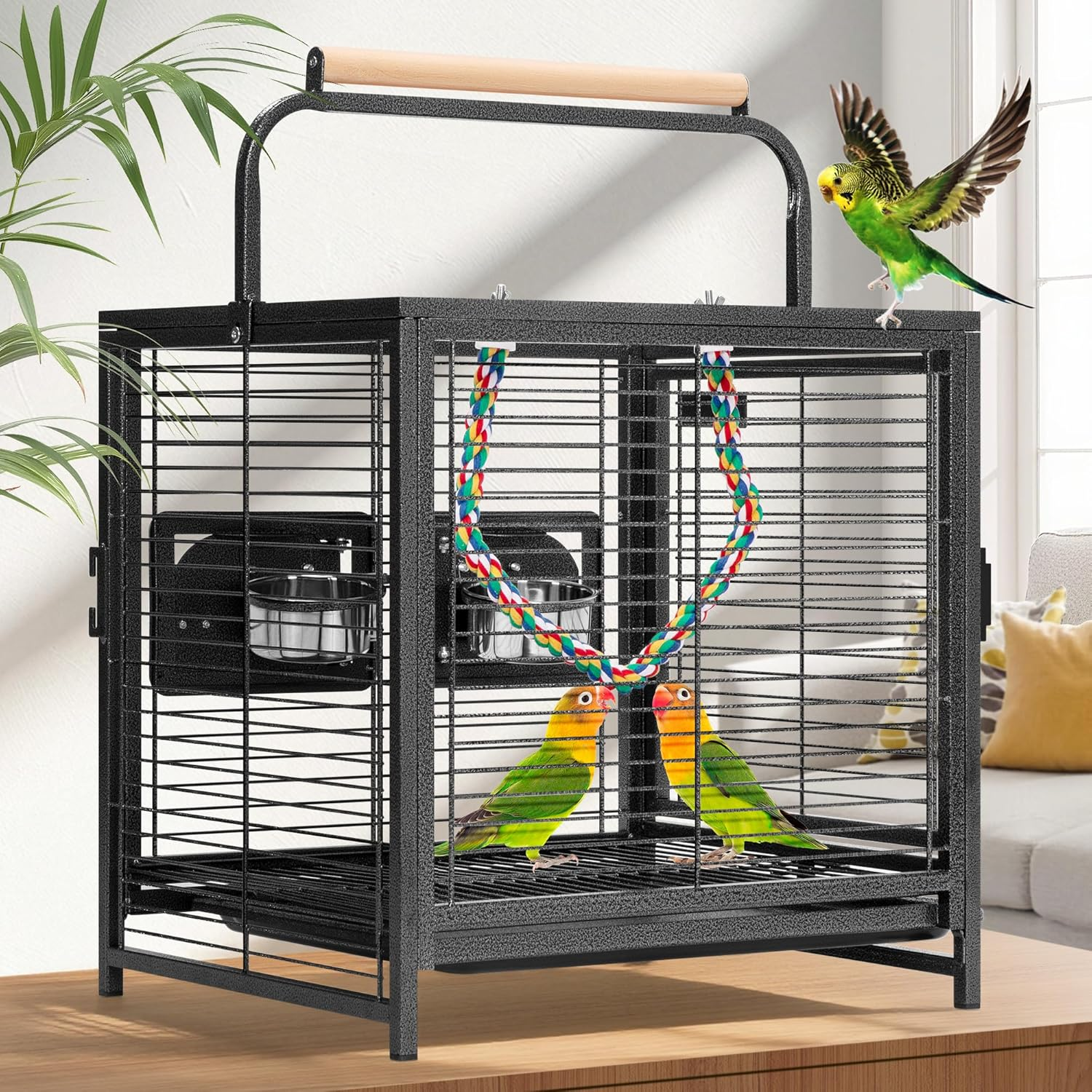 VIVOHOME 19 Inch Wrought Iron Bird Travel Carrier Cage for Parrots Conures Lovebird Cockatiel Parakeets White