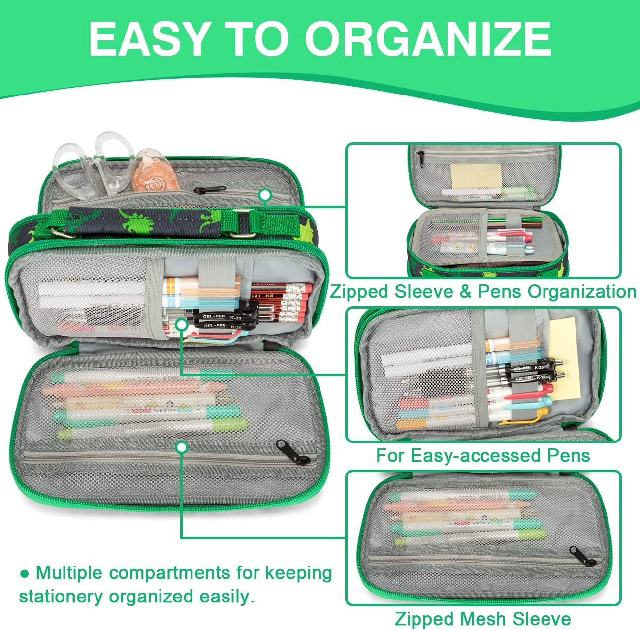 Pencil Case for Boys, Aesthetic Kawaii Large Pencil Pouch Stationary Pencil Bag/Box for Preppy Kids, Pen Organizer Holder School Supply Green Dinos image number 3